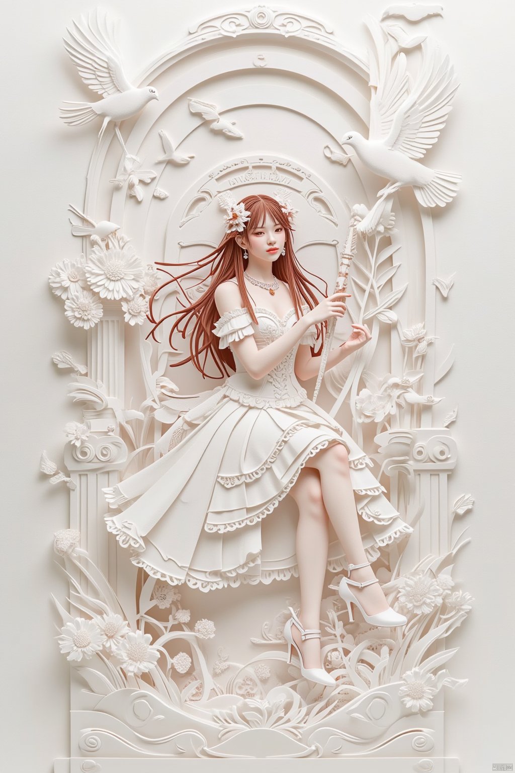 1girl, solo, long hair, brown hair, hair ornament, dress, jewelry, sitting, full body, flower, high heels, bird, crossed legs, staff, pillar, throne, dove
