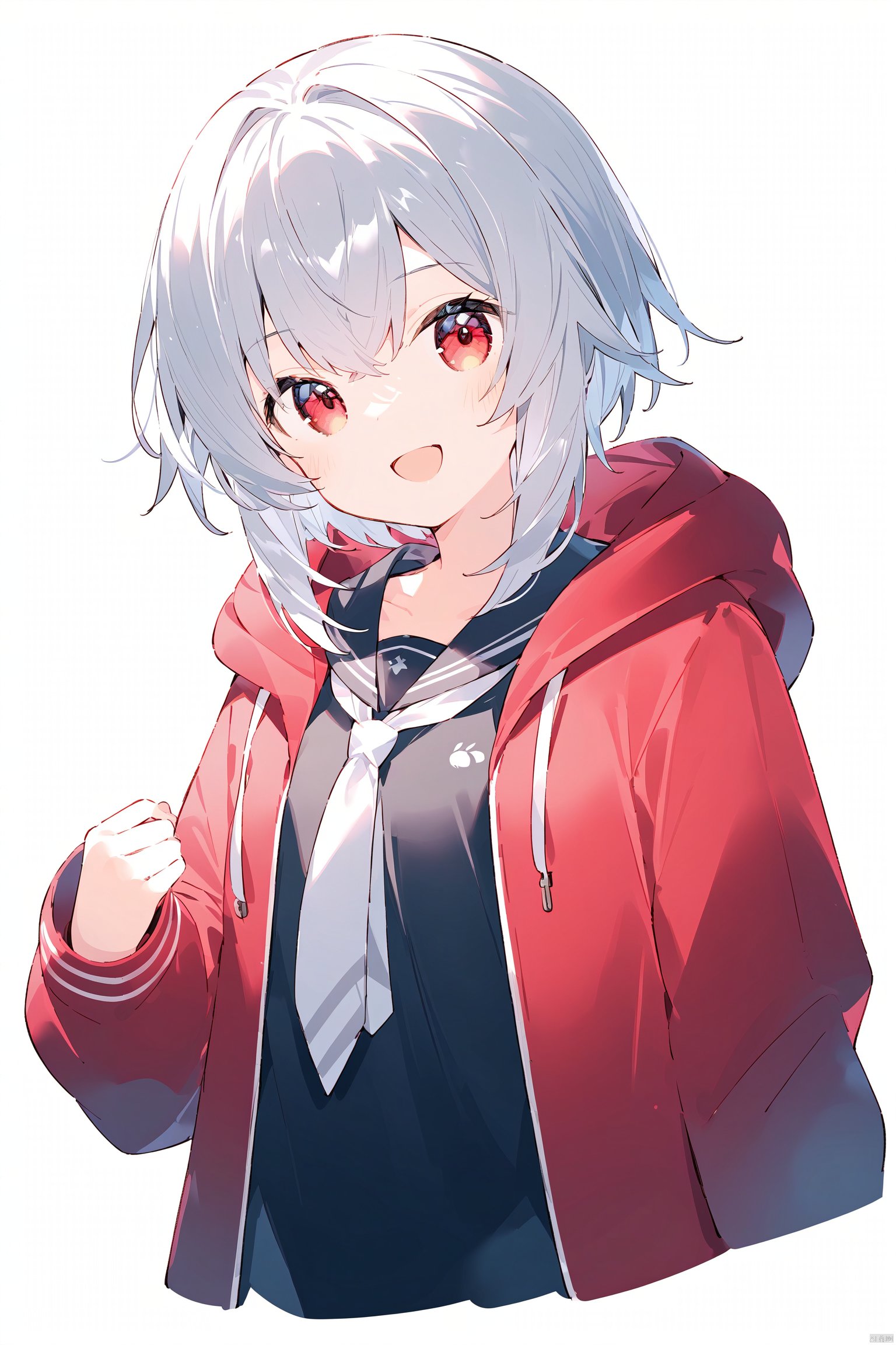 1girl, solo, red eyes, necktie, looking at viewer, shirt, jacket, white necktie, red jacket, upper body, grey hair, hood, open clothes, long sleeves, black shirt, hair between eyes, bangs, open jacket, collared shirt, open mouth, smile, parted lips, hooded jacket, grey background, hood down, sleeves past wrists, short hair, wing collar, cropped torso