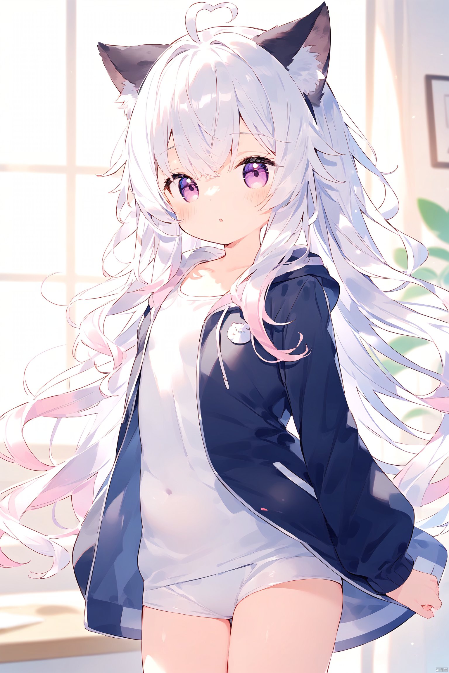 (loli:1.2),(petite:1.2),1girl,solo,bust,best quality,beautiful detailed eyes,(white hair:1.4),(pink gradient hair:1.2),wavy hair,disheveled hair,cat ears,messy hair, long bangs, hairs between eyes, floating hair,highleg,solo, ,heart antenna hair,purple eyes,enmaided,jacket,white background,blurry background,