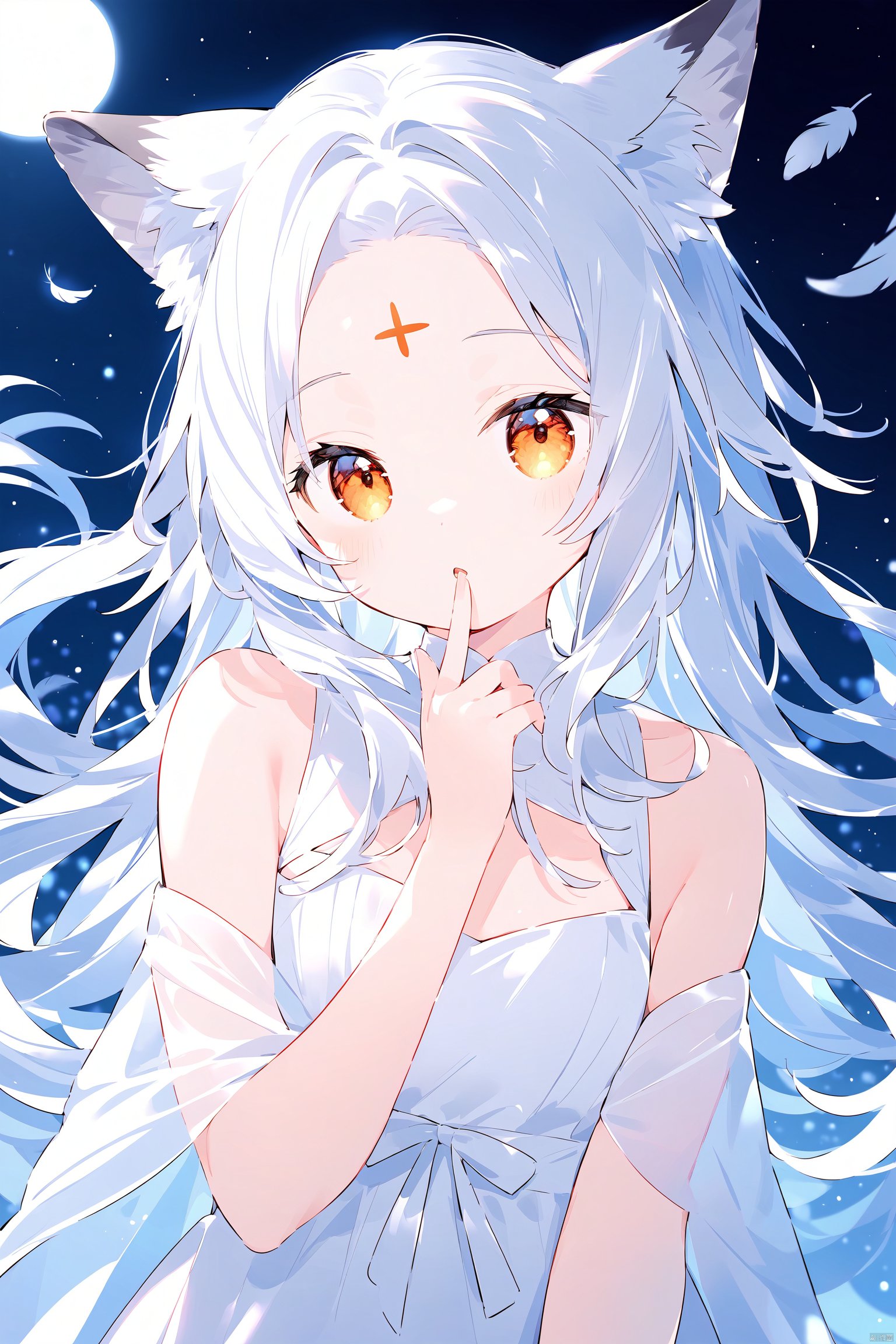 1girl, solo, orange eyes, looking at viewer, dress, white dress, grey hair, forehead mark, feather hair, bare shoulders, upper body, long hair, shawl, finger to mouth, parted lips, hagoromo, sleeveless, sleeveless dress, bangs, white hair, animal ears, hand up, long sleeves