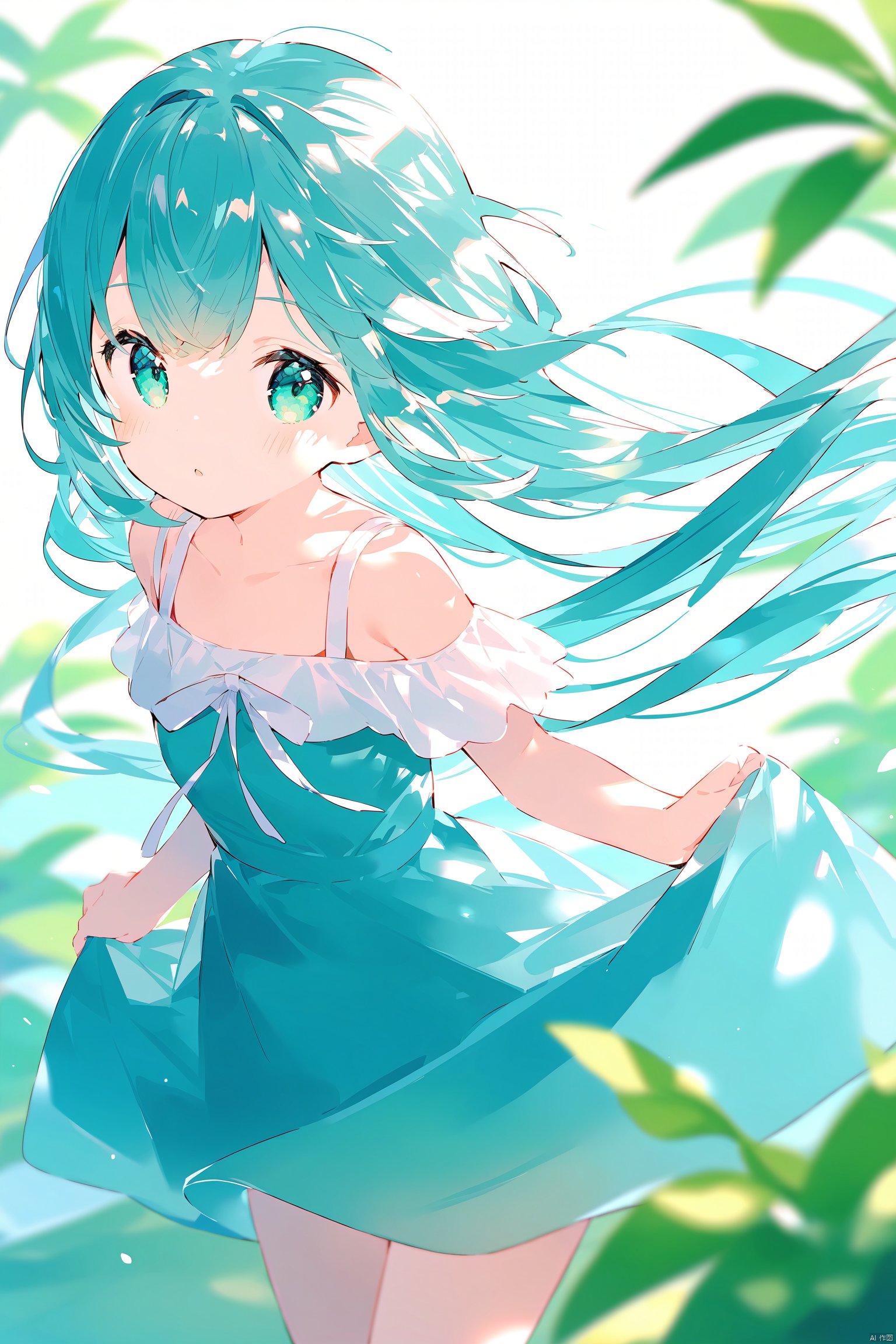 1girl, aqua_eyes, aqua_hair, blurry, blurry_foreground, depth_of_field, floating_hair,