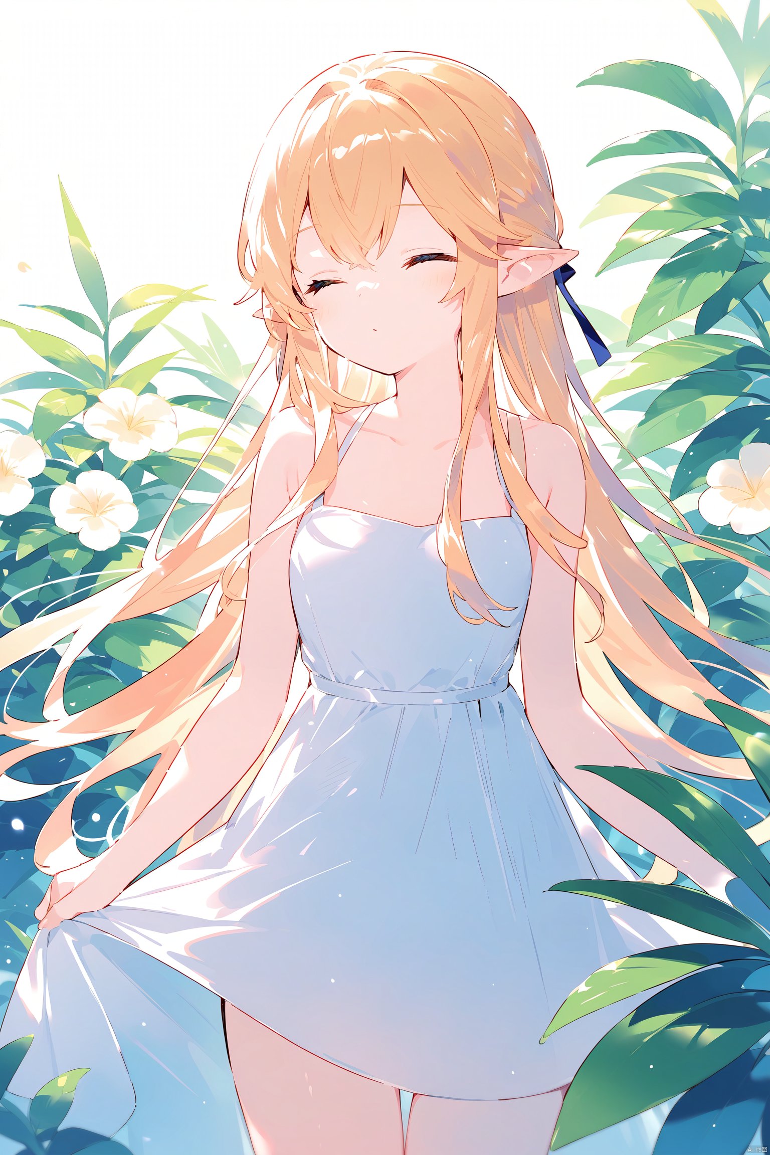 1girl, closed_eyes, dress, flower, long_hair, plant, pointy_ears, ribbon,