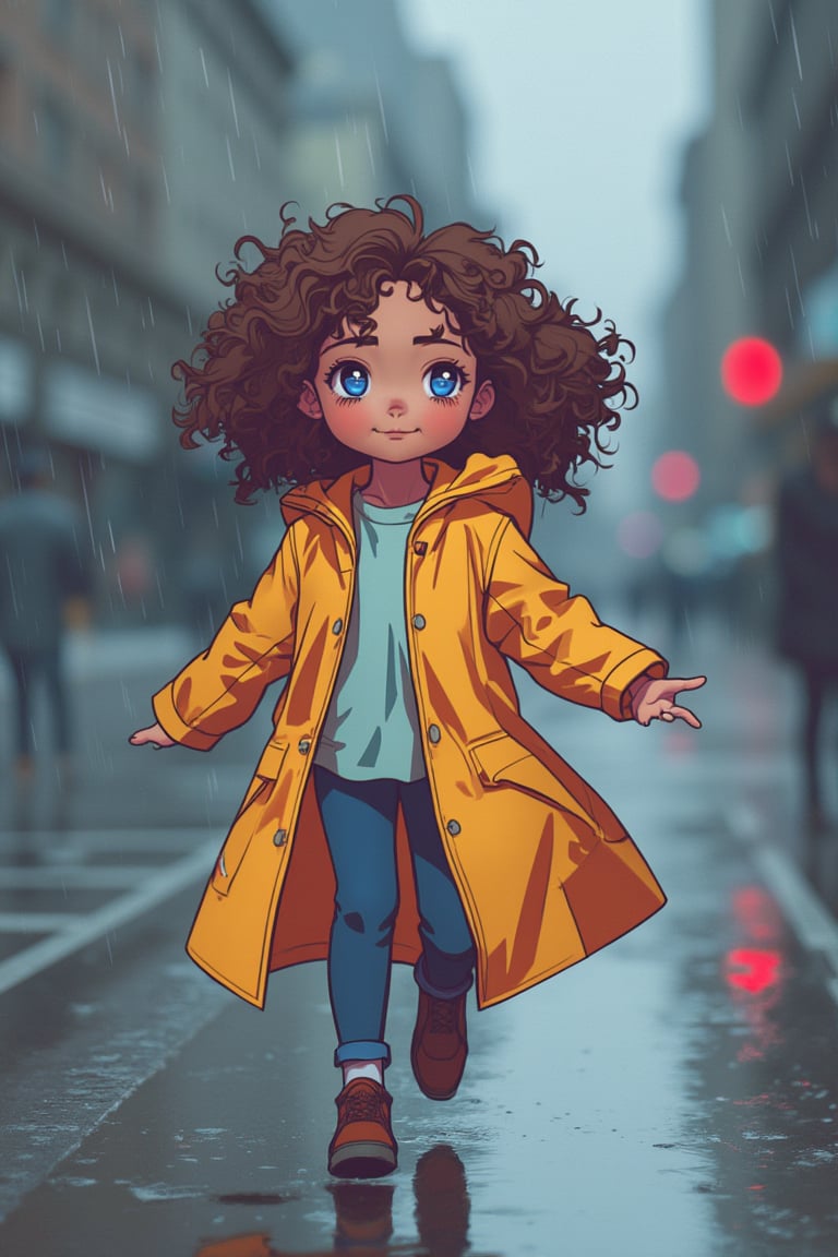 A girl with curly brown hair, sky-blue eyes, and caramel skin runs in the rain wearing a colorful raincoat, webtoon_style.