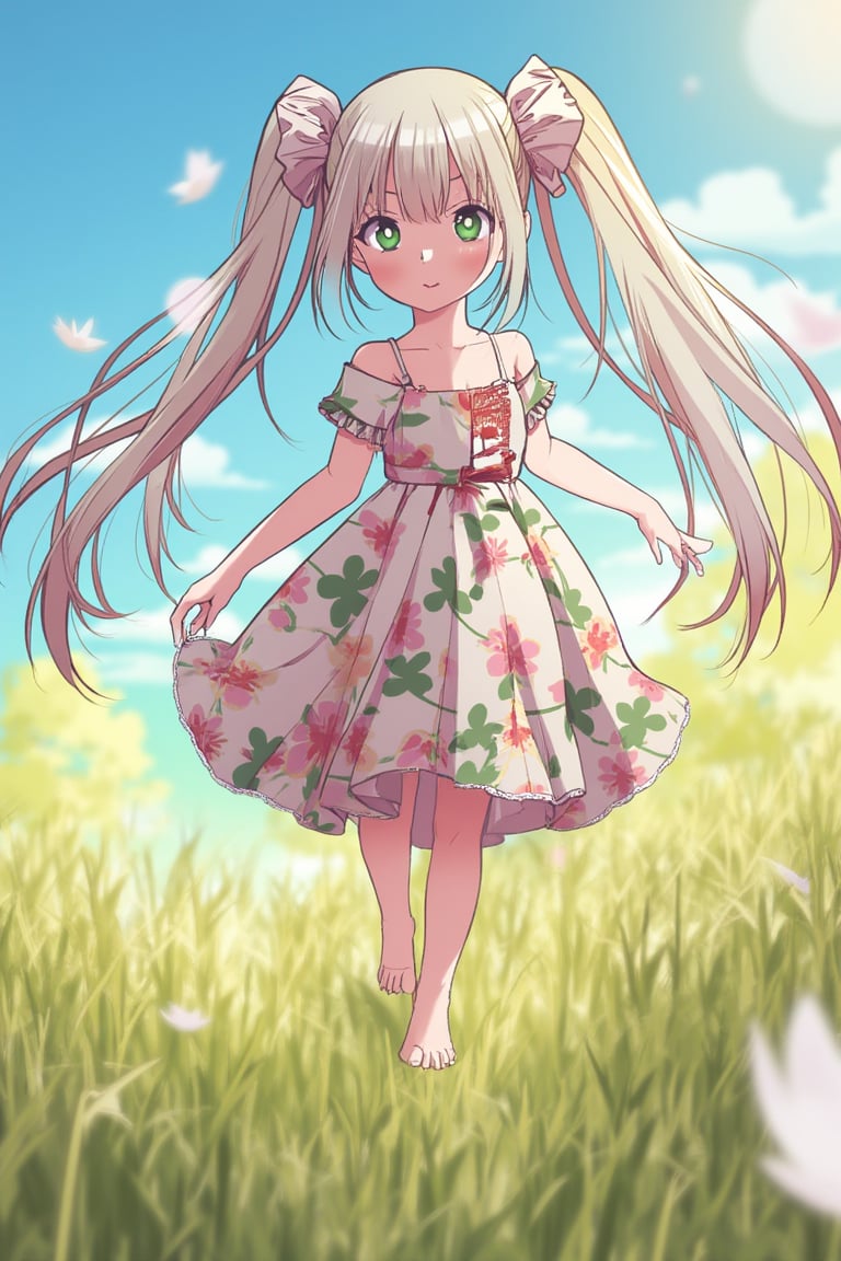 A girl with long, silver twin tails, teal eyes, and fair skin twirls through a sunlit meadow in a floral dress, webtoon_style.