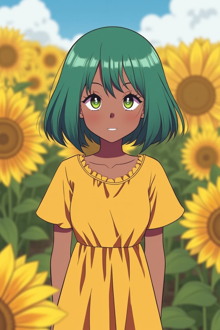 A girl with bob-cut teal hair, bright green eyes, and dark brown skin beams while standing in a sunflower field wearing a yellow dress, webtoon_style.