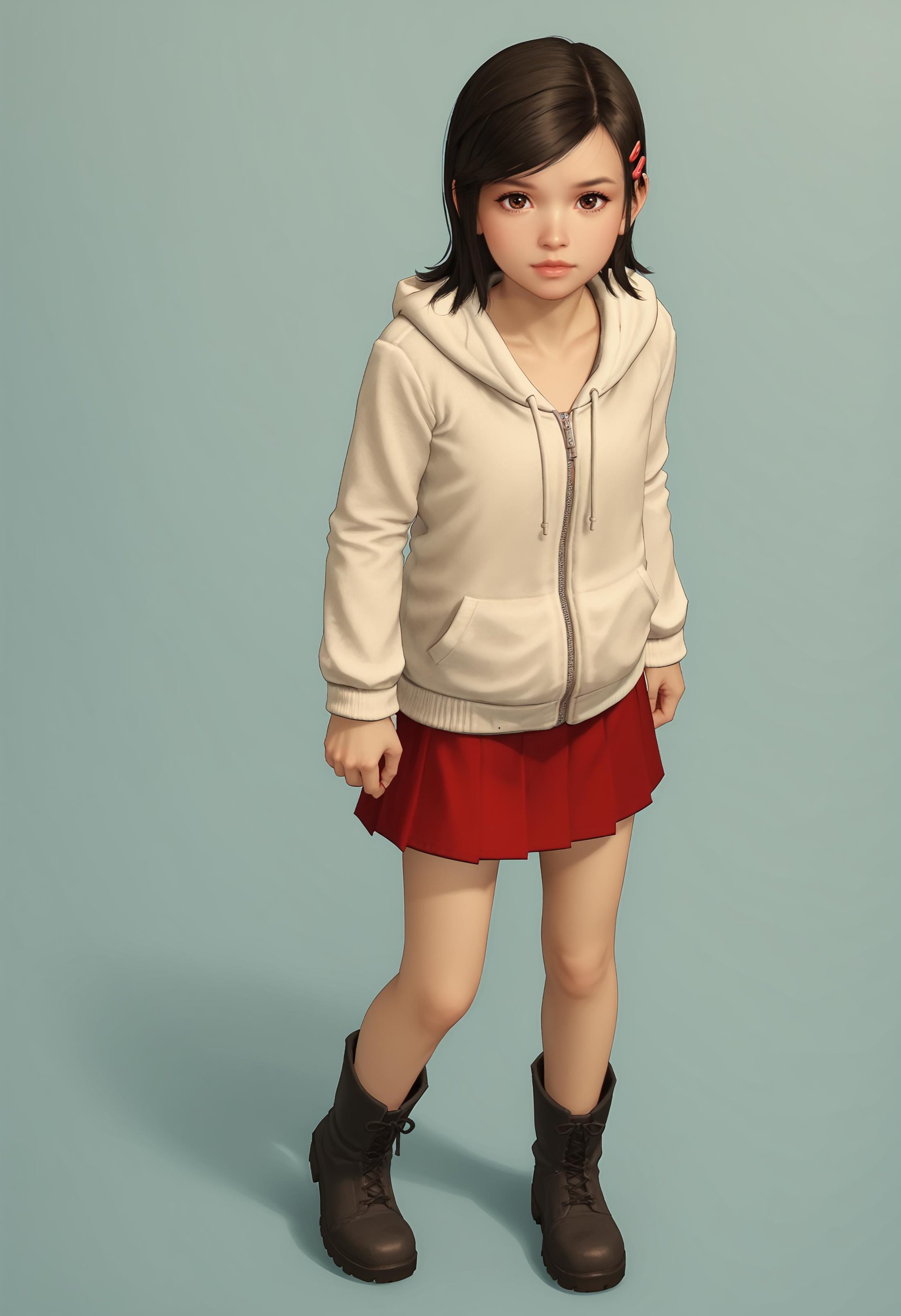 score_9, score_8_up, score_7_up, score_6_up, score_5_up, score_4_up,  <lora:HarukaSawamuraYK1:0.85> 1girl, skinny, solo, lips, brown eyes, short hair, black hair, swept bangs, hood, hoodie, hood down, hairclip, skirt, boots, full body, looking at viewer,light blue background, simple background,