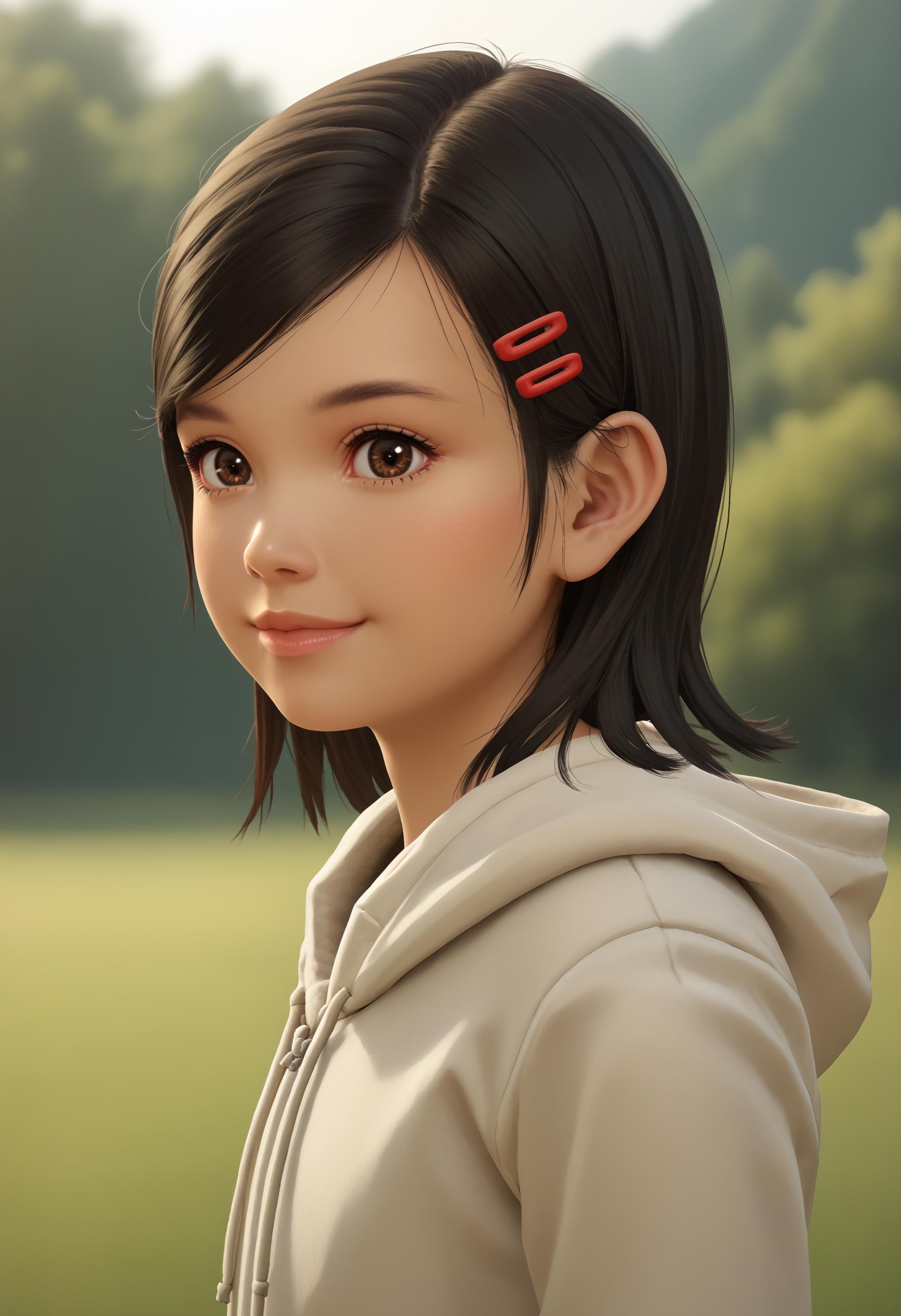 score_9, score_8_up, score_7_up, score_6_up, score_5_up, score_4_up,  <lora:HarukaSawamuraYK1:0.85> 1girl, solo, lips, brown eyes, short hair, black hair, swept bangs, hood, hoodie, hood down, hairclip, upper body, smile, blush, from side, looking at viewer,(grasslands background), blurry background,