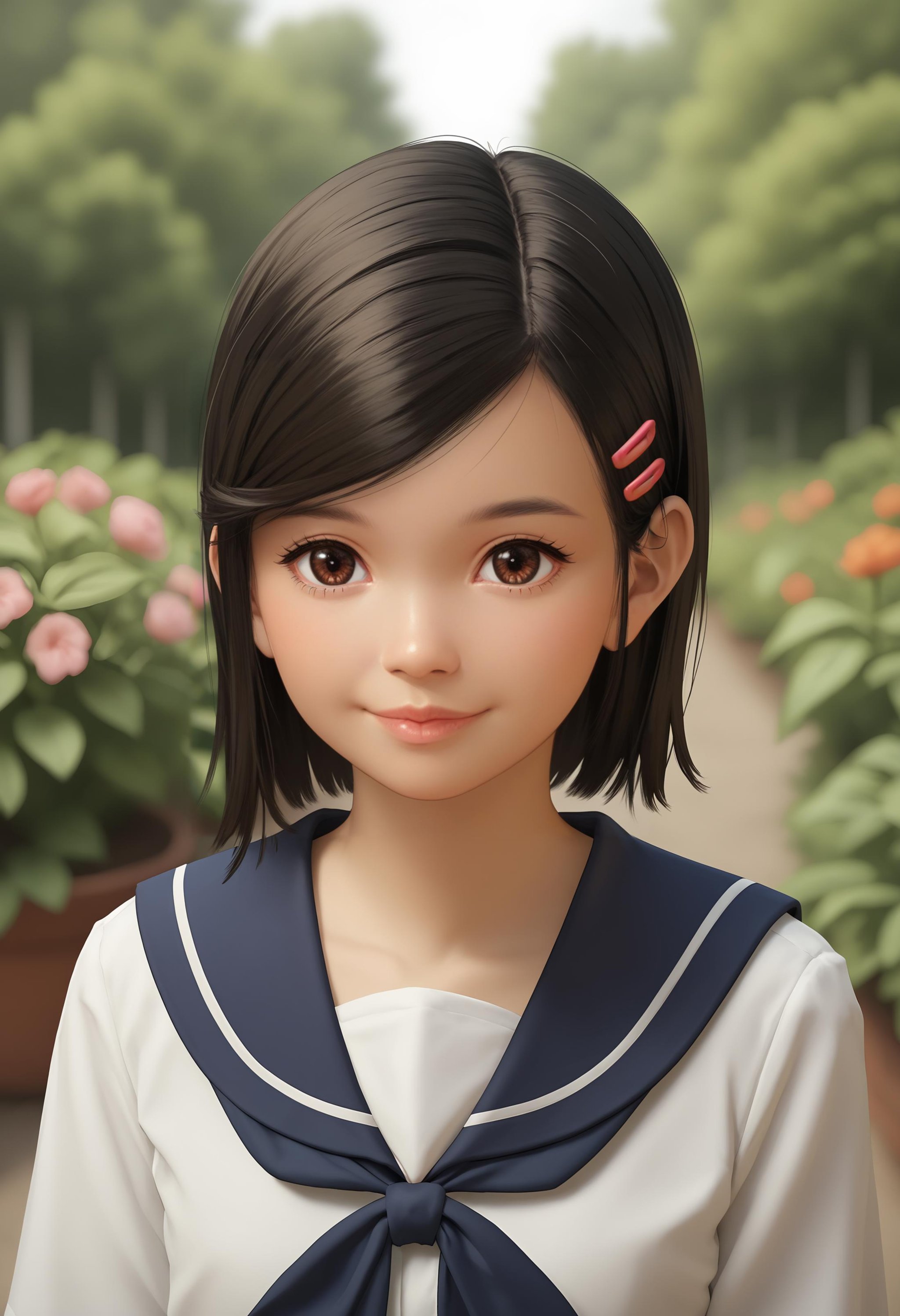 score_9, score_8_up, score_7_up, score_6_up, score_5_up, score_4_up,  <lora:HarukaSawamuraYK1:0.85> 1girl, solo, skinny, lips, brown eyes, short hair, black hair, swept bangs, wearing seifuku, blue sailor outfit, hairclip, upper body, smile, looking at viewer,(garden background), blurry background, 