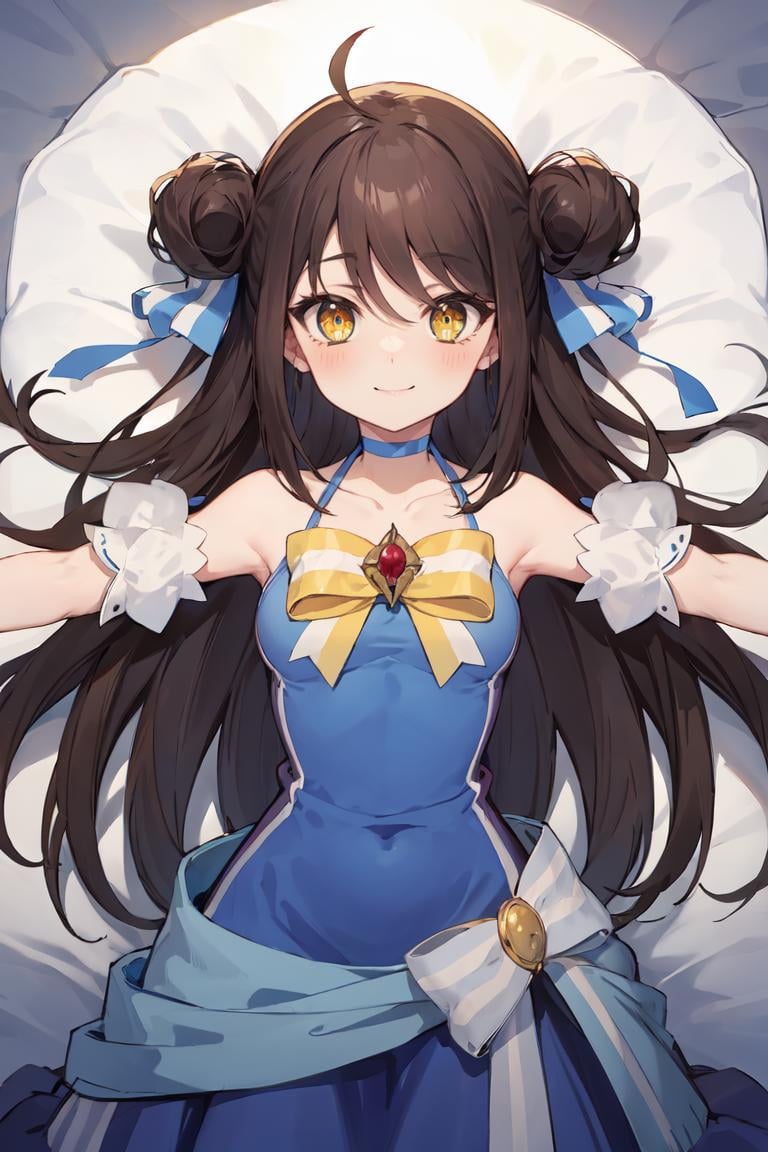 masterpiece, best quality, ultra-detailed, glistening shiny, glowing light, ray tracing, HDR, deph of field, (perfect face, detailed face), <lora:FalanyaElkArbalest:0.9>, falanya, long hair, double bun, smile, blue hair ribbon, blue dress, yellow bow, blue choker, blue armlets, outstretched arms, lying, on back, on bed