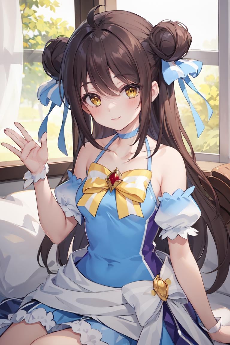 masterpiece, best quality, ultra-detailed, glistening shiny, glowing light, ray tracing, HDR, deph of field, (perfect face, detailed face),  <lora:FalanyaElkArbalest:0.9>, falanya, long hair, double bun, smile, waving, blue hair ribbon, blue dress, yellow bow, blue choker, blue armlets, long skirt, sitting