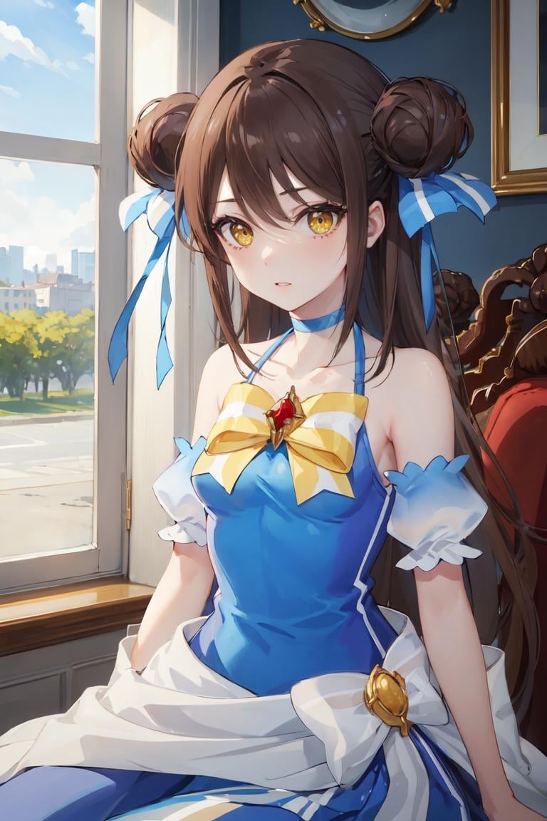 masterpiece, best quality, ultra-detailed, glistening shiny, glowing light, ray tracing, HDR, deph of field, (perfect face, detailed face),  <lora:FalanyaElkArbalest:0.9>, falanya, long hair, double bun, blue hair ribbon, blue dress, yellow bow, blue choker, blue armlets, long skirt, sitting