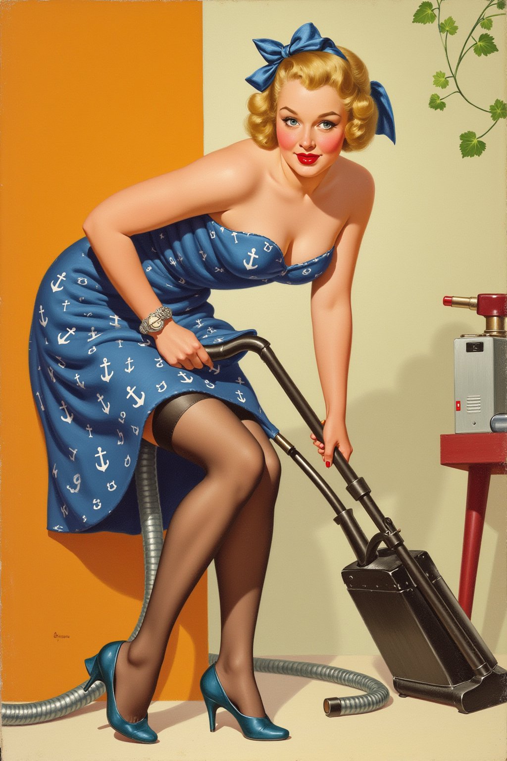 a pinup illustration of a blonde pinup model with a bow in her hair bending down to unplug the vacuum cleaner, but oh no the long hose catches her blue anchor print dress and pulls it up so we can see her garter strap and black stocking and blue high heel shoes, indoors, 