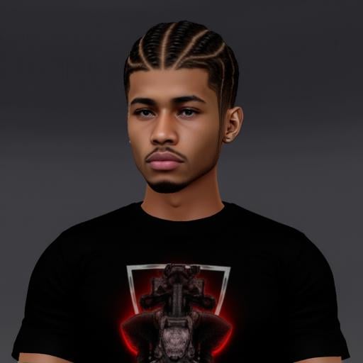 vu style,  The image is a digital CGI rendering of a young man standing against a plain dark grey background. He has a medium-dark skin tone and a medium build. His hair is styled in intricate cornrows, neatly braided in a pattern that starts from the front and cascades down the back of his head. His facial expression is serious, with a slightly furrowed brow and a firm, closed mouth.   He is wearing a black t-shirt with a striking graphic design on the front.