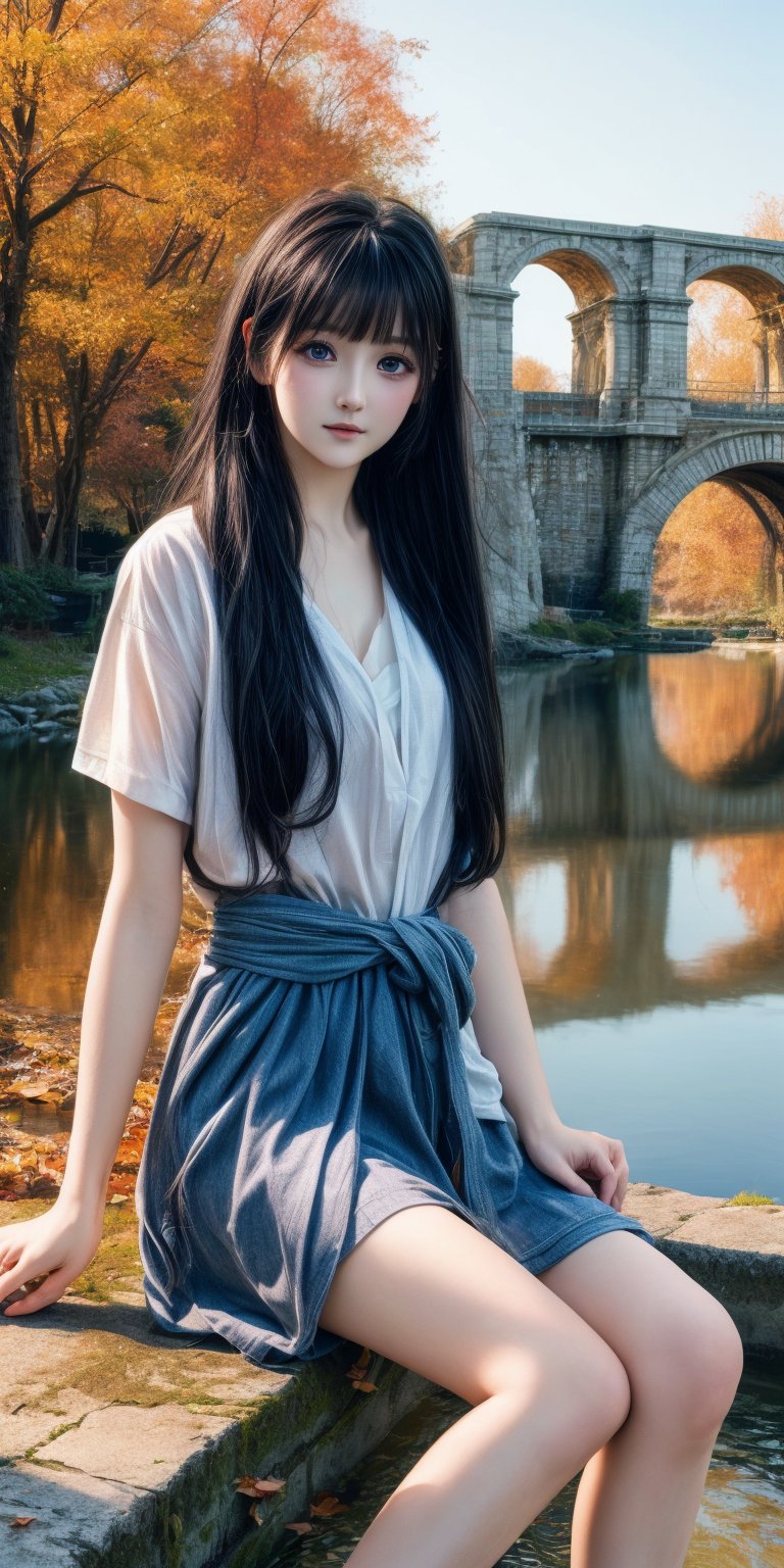 (8k, best quality, masterpiece:1.2),(best quality:1.0), (ultra highres:1.0), a beautiful loli,  by agnes cecile, from head to waist, extremely luminous bright design,autumn lights, long black hair,  natural eyes, long legs, sitting down, clear river background, morning lighting, 