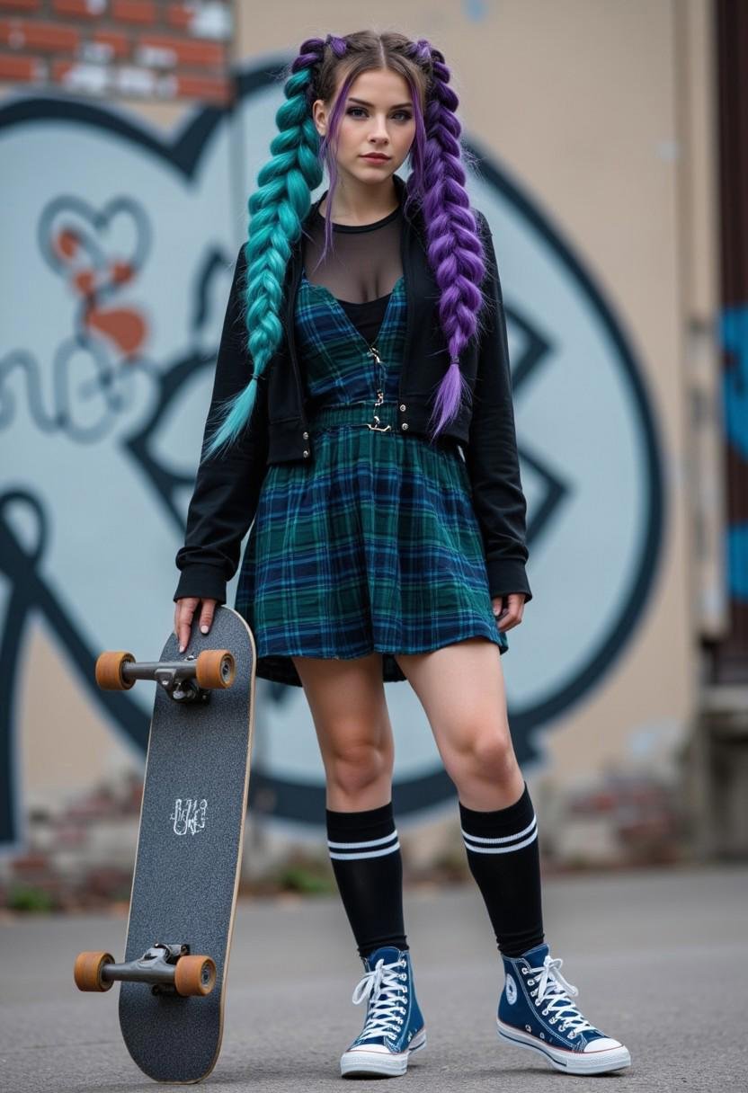 Full body dynamic Street style fashion photograph of a young woman with duo tone split color hair, one side is teal and the other side is purple, her hair is styled in thick loose braid_boxer, she's wearing a y2k punk style black and blue tartan skater dress with long sleeve mesh bolero, blue converse Chuck Taylor high tops, urban background, graffiti, the woman is holding her skateboard. Light bastard Amber Roscoe gel filter lighting, black knee high socks with two white stripes around the tops