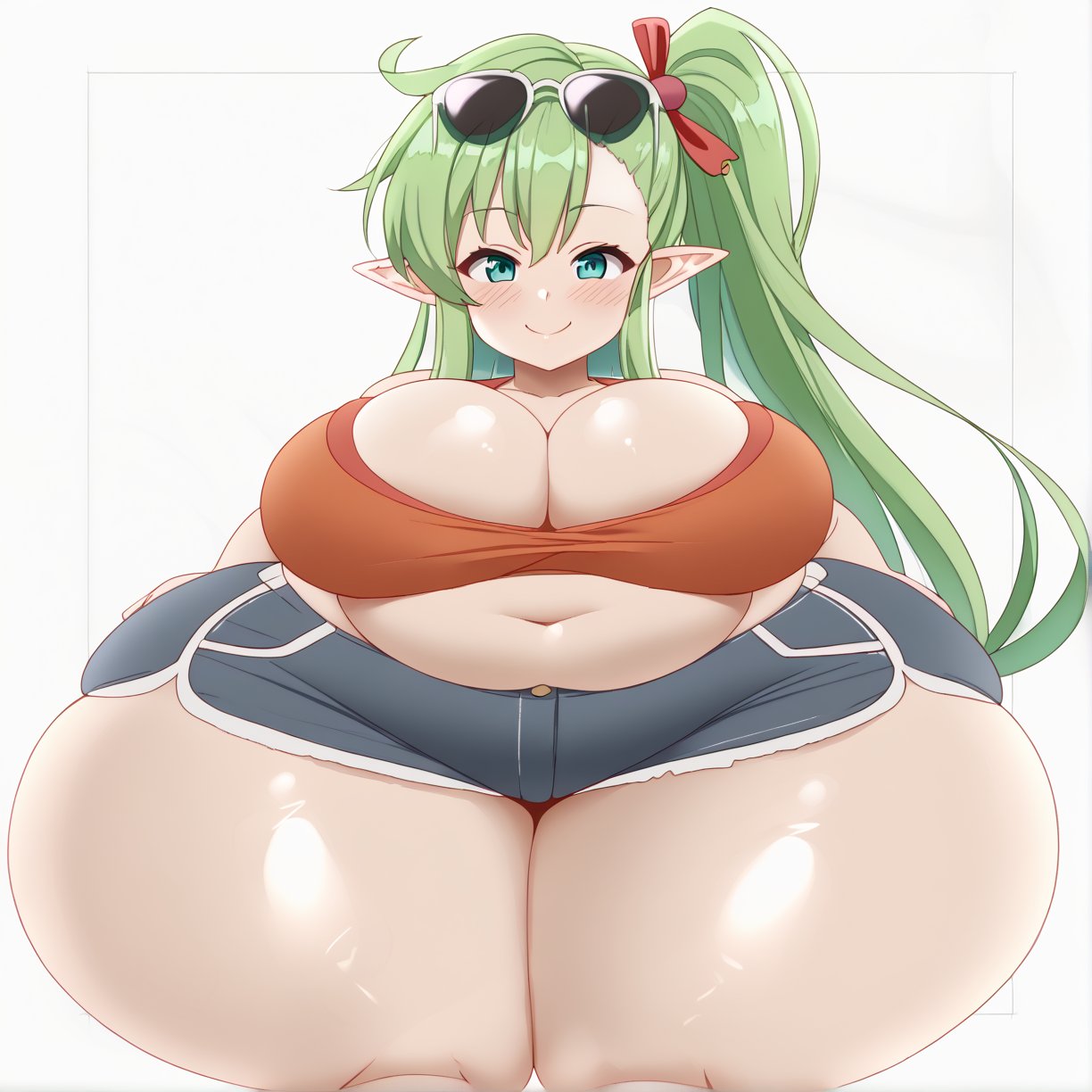 zoey-kazuya, 1girl, solo, demon girl, pointy ears, sunglasses on head, green hair, long hair, side ponytail, crop top, cleavage, shorts, ((curvy, plump)), (large breasts), belly ((wide hips, huge hips)), huge ass, fat ass, thick thighs, blush, smile