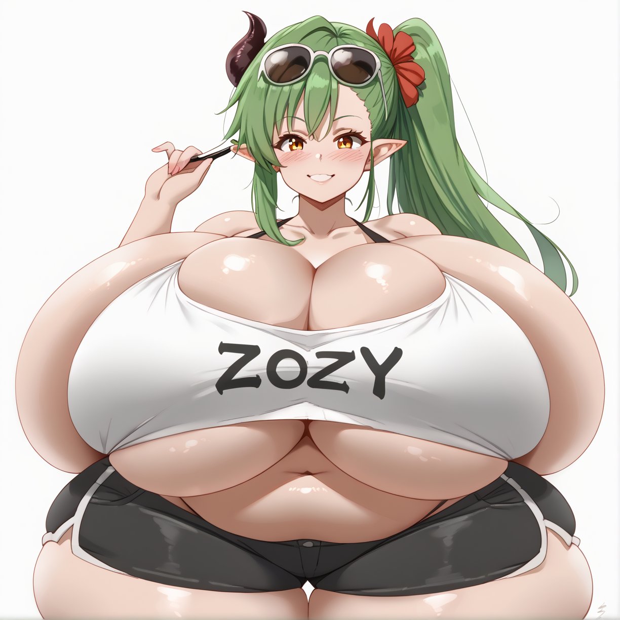 zoey-kazuya, 1girl, solo, demon girl, pointy ears, sunglasses on head, green hair, long hair, side ponytail, crop top, cleavage, shorts, ((curvy, plump)), (gigantic breasts), belly ((wide hips, huge hips)), huge ass, fat ass, thick thighs, blush, smile