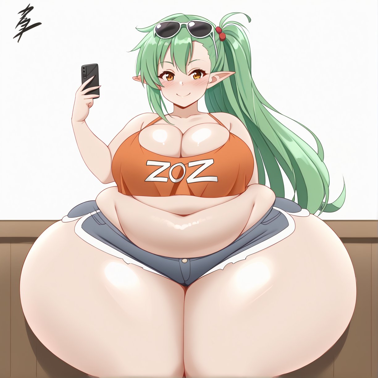 zoey-kazuya, 1girl, solo, demon girl, pointy ears, sunglasses on head, green hair, long hair, side ponytail, crop top, cleavage, shorts, ((curvy, plump)), (large breasts), belly ((wide hips, huge hips)), huge ass, fat ass, thick thighs, blush, smile