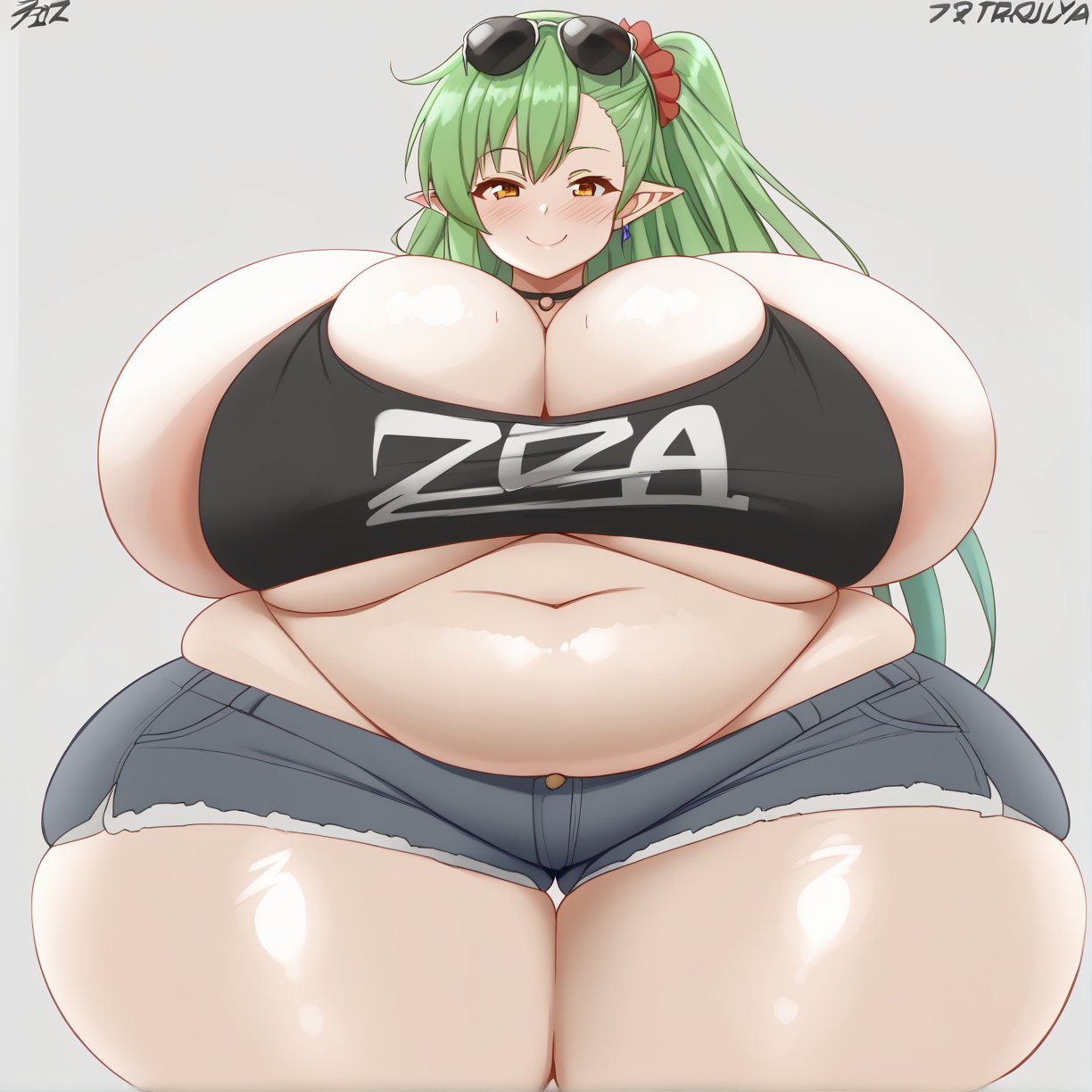 zoey-kazuya, 1girl, solo, demon girl, pointy ears, sunglasses on head, green hair, long hair, side ponytail, crop top, cleavage, shorts, ((curvy, plump)), (gigantic breasts), belly ((wide hips, huge hips)), huge ass, fat ass, thick thighs, blush, smile