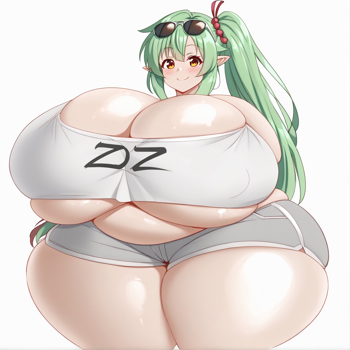 zoey-kazuya, 1girl, solo, demon girl, pointy ears, sunglasses on head, green hair, long hair, side ponytail, crop top, cleavage, shorts, ((curvy, plump)), (gigantic breasts), belly ((wide hips, huge hips)), huge ass, fat ass, thick thighs, blush, smile