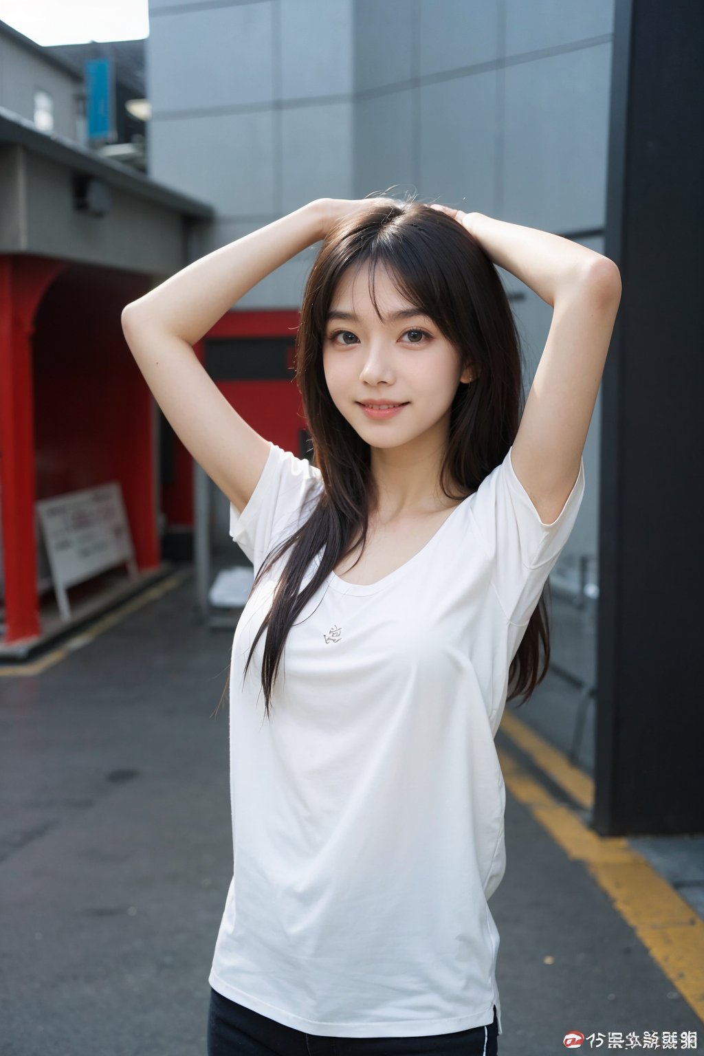 1girl, black hair, smiling, ID photo style, solid color background, (18yo),(arms behind head:1.2), clear skin, bright eyes, natural makeup, casual clothing, high resolution, best quality, masterpiece.