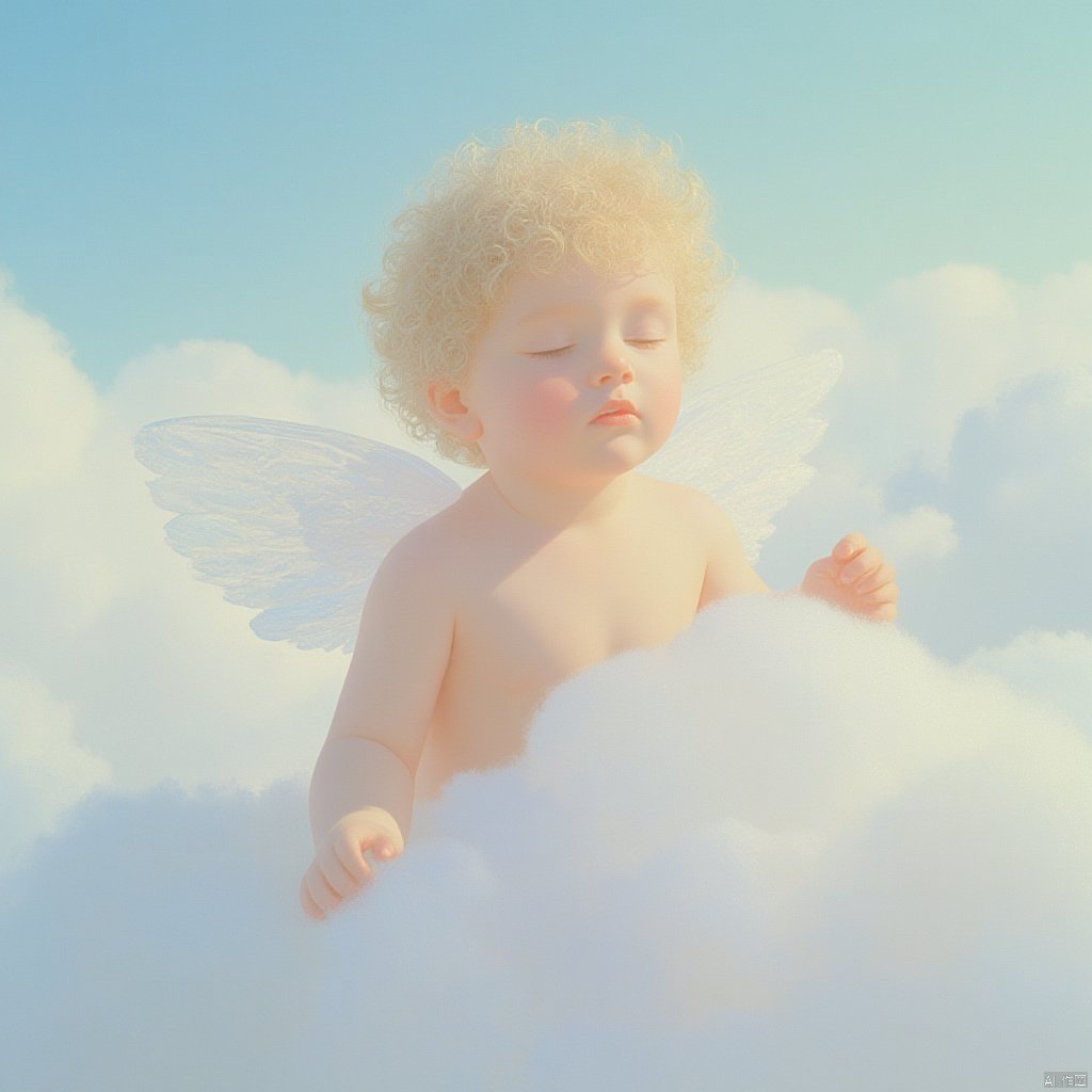 A gentle, ethereal light bathes a whimsical scene as a little boy with delicate, transparent wings floats effortlessly on puffy white clouds, his cherubic features and fluffy hair radiating purity and innocence. Soft focus blurs the edges of the clouds, emphasizing their dreamy softness.