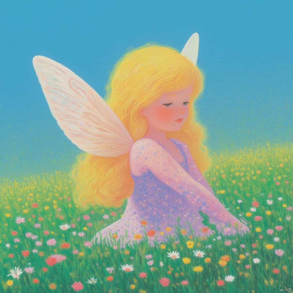 A little sprite with butterfly wings fluttering among the flowers is incredibly dreamy, beautiful, fluffy, dreamy_fantasy.