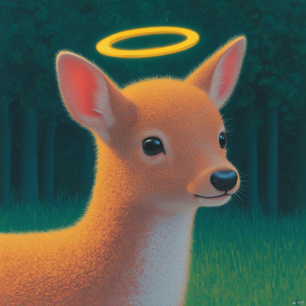 A little deer with a halo on its head wandering in the forest is incredibly peaceful, elegant, fluffy, dreamy_fantasy.