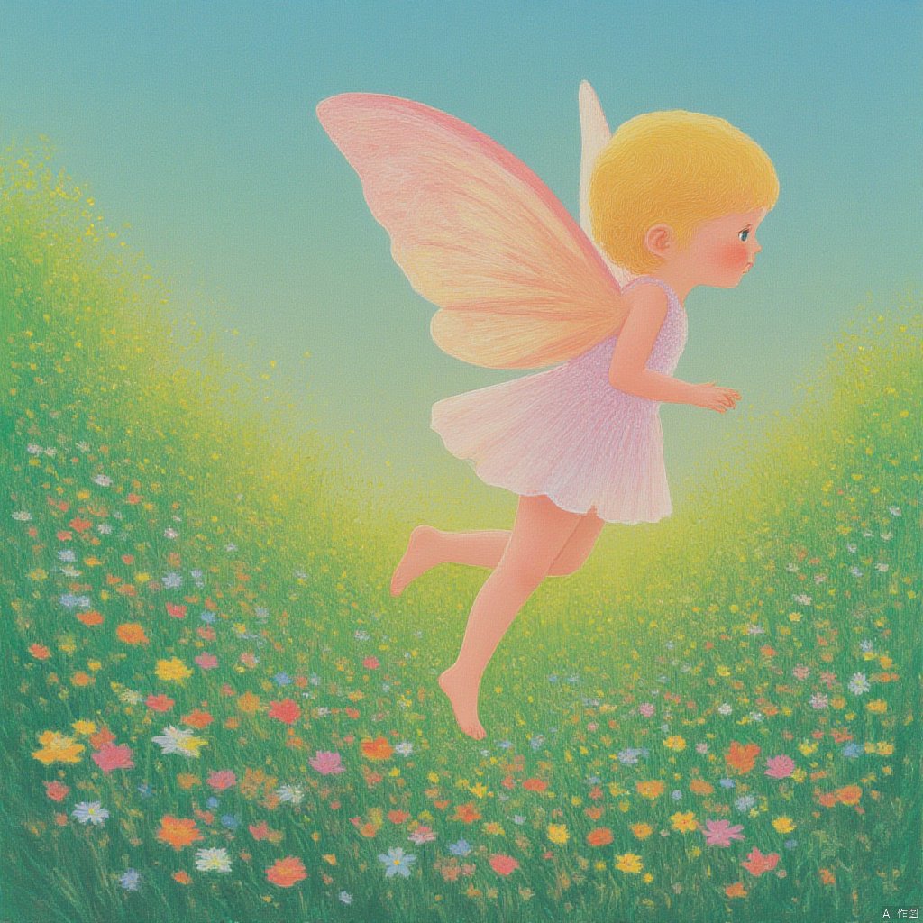 A little sprite with butterfly wings fluttering among the flowers is incredibly dreamy, beautiful, fluffy, dreamy_fantasy.