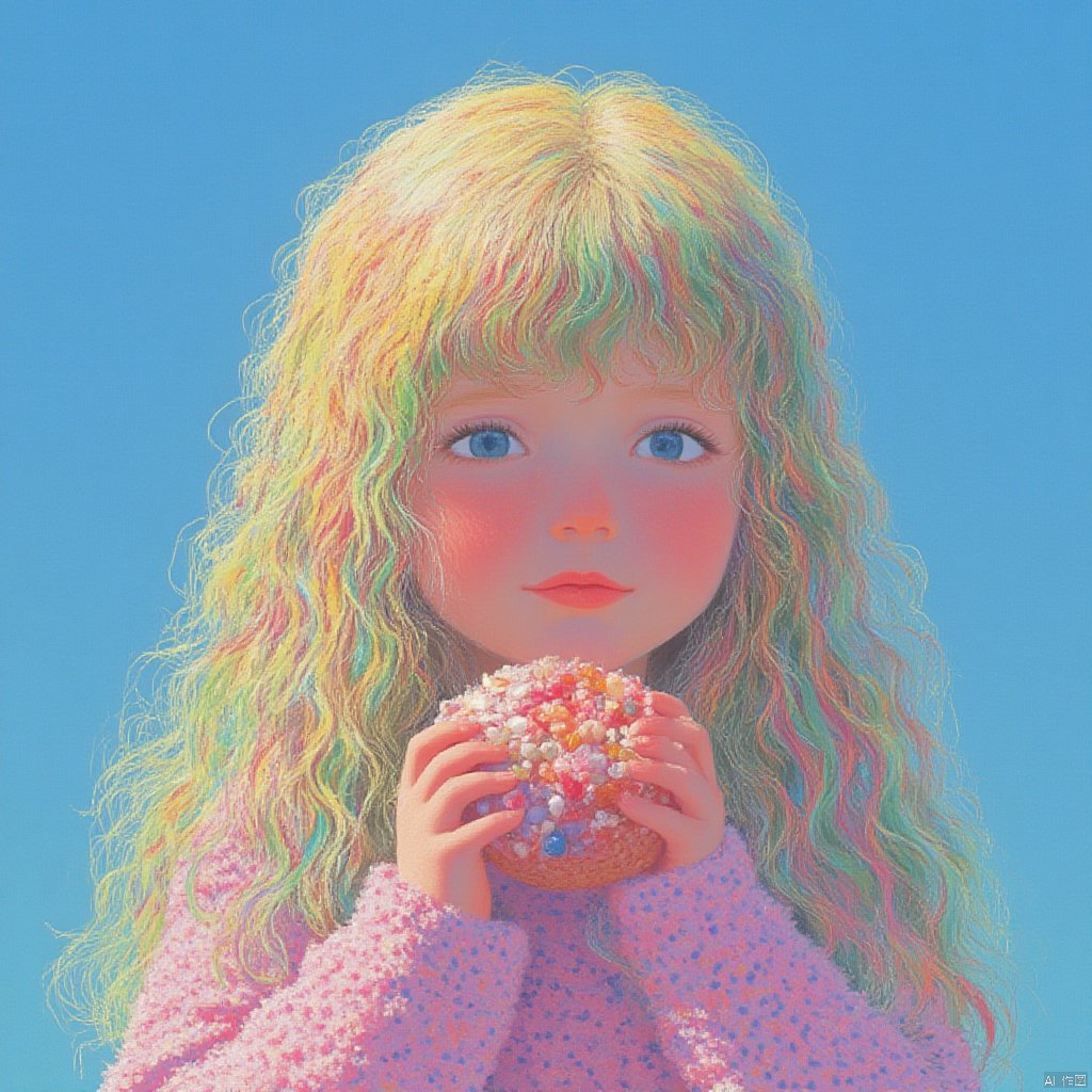 A little girl with rainbow-colored hair shell collecting by the sea is incredibly vibrant, lively, fluffy, dreamy_fantasy.