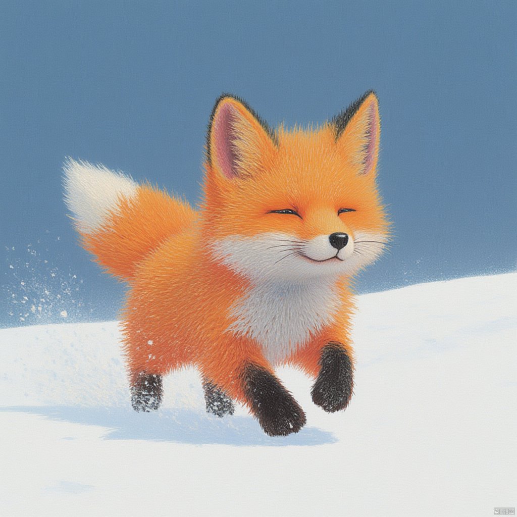 A little fox with a feathery tail running through the snow is incredibly charming, fluffy, dreamy_fantasy.