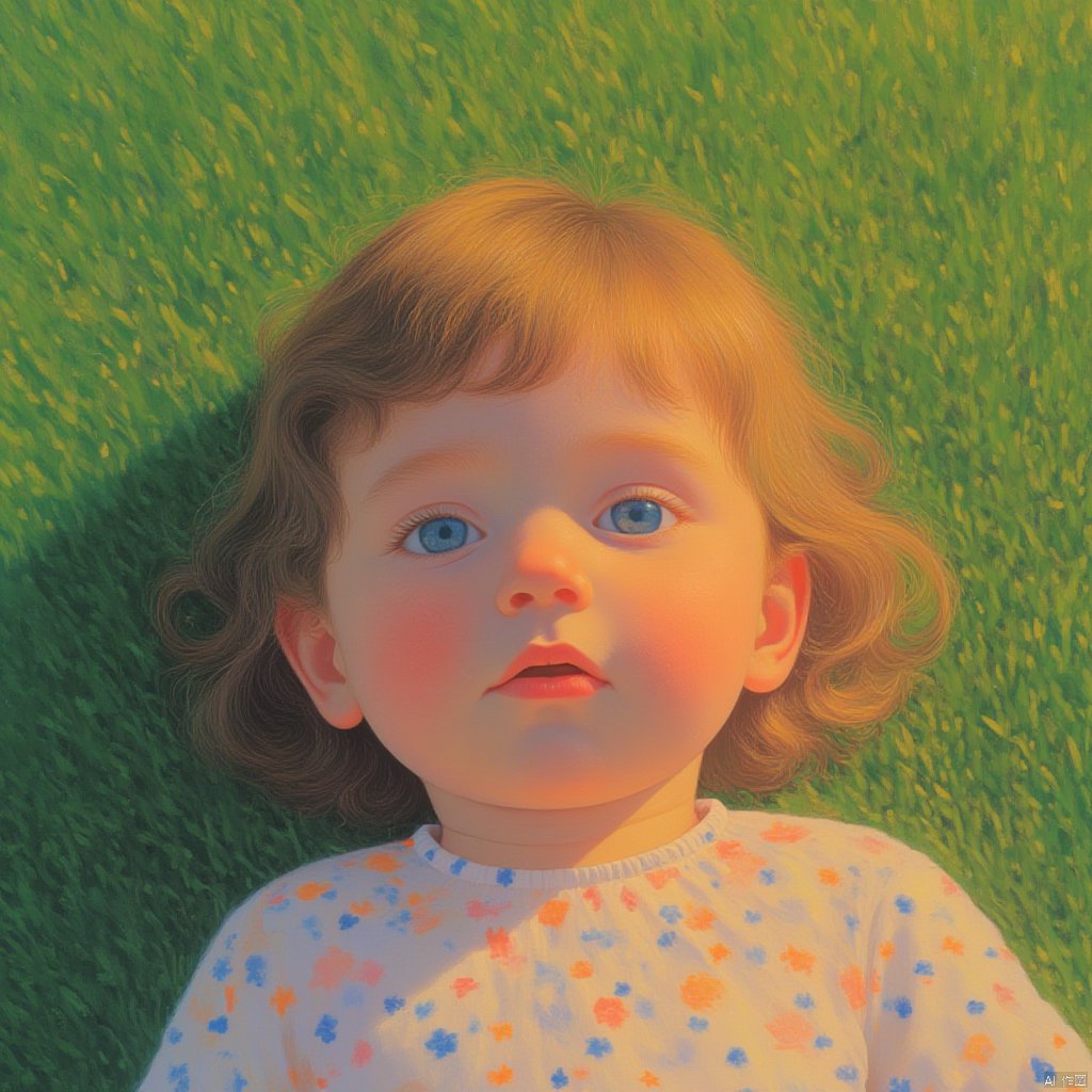 A cute little child is lying on the grass, with a close-up of their face, warm sunlight, super super cute, adorable, and has a surreal fantasy quality.dreamy_fantasy