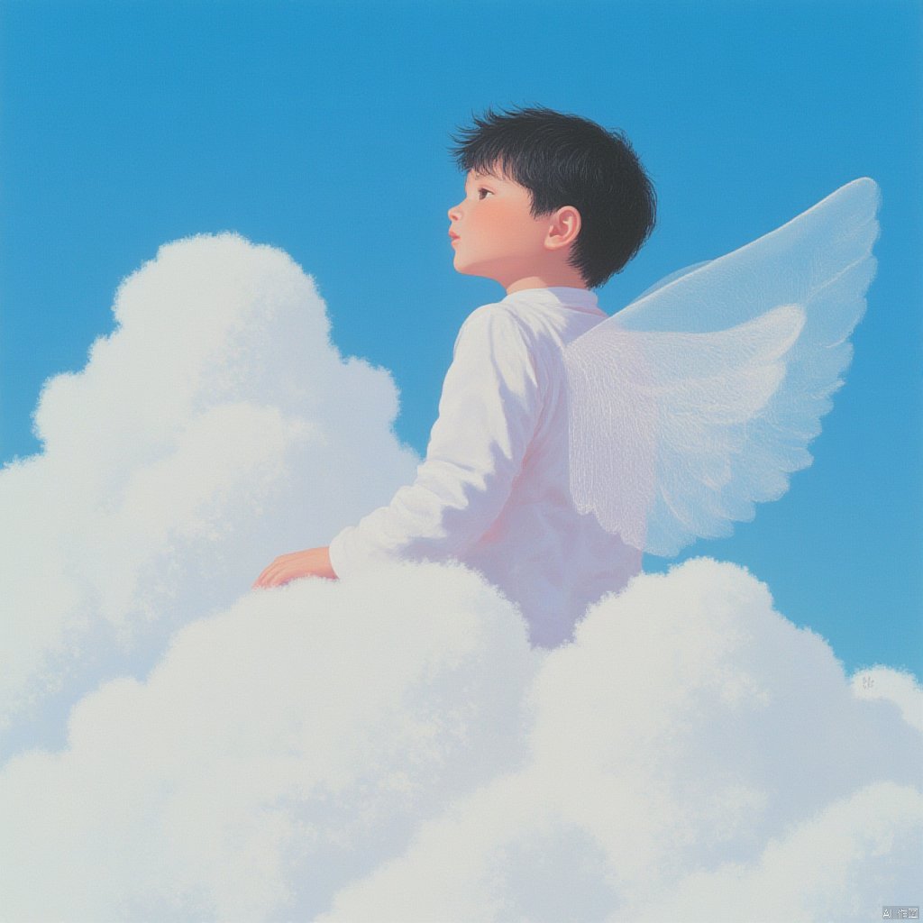 A little boy with transparent wings floating on clouds is incredibly pure, innocent, fluffy, dreamy_fantasy.