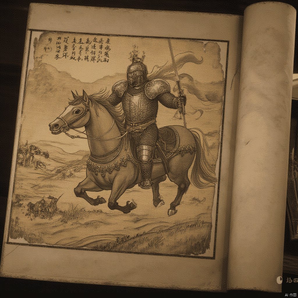 In a tattered and ancient book is depicted a horse-headed knight bravely chasing enemies across the vast plains, yingshen.