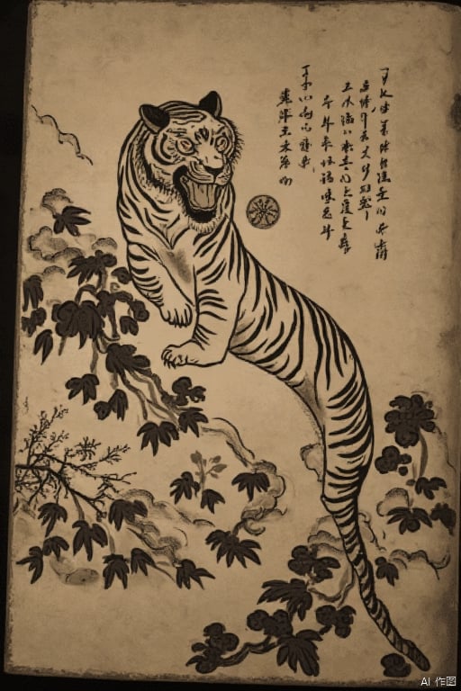  Prompt: A tiger is coming down from the mountain, Drawn in an ancient, worn-out book, yingshen,