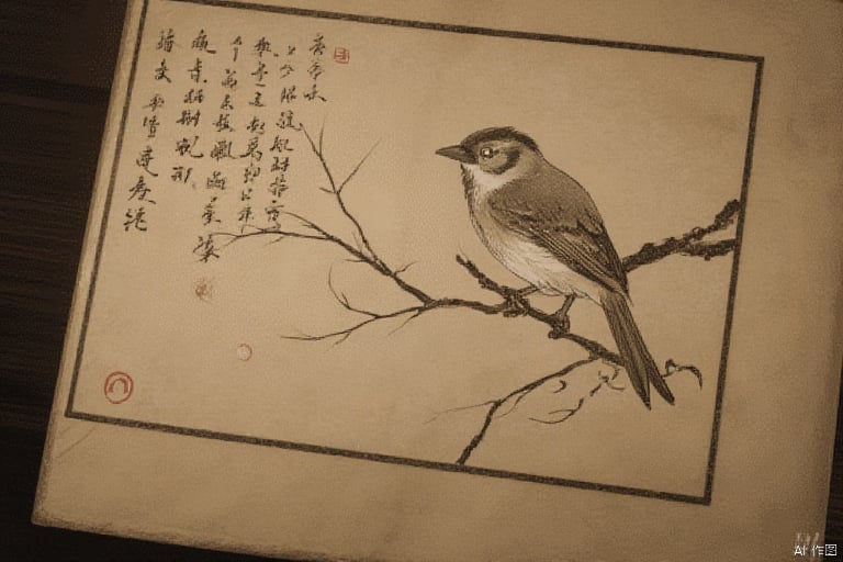 A little bird on the branch, drawn on a worn book,yingshen