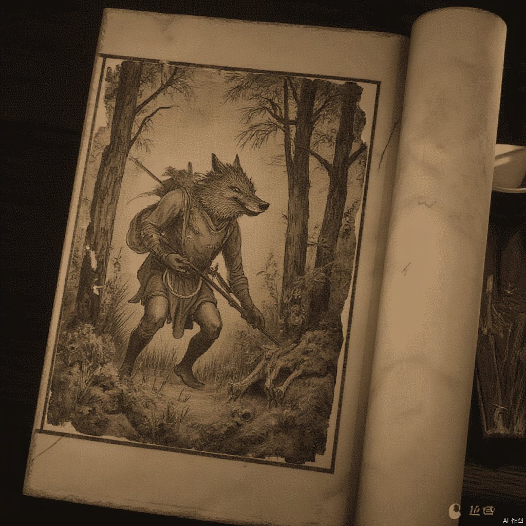 In a tattered and ancient book is depicted a wolf-headed hunter silently tracking his prey in the dense forest.