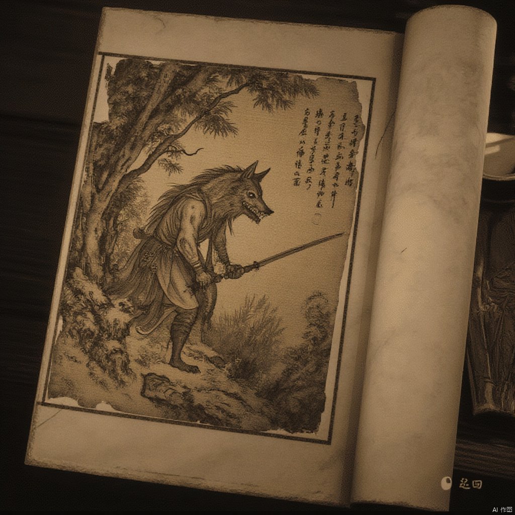 In a tattered and ancient book is depicted a wolf-headed hunter silently tracking his prey in the dense forest.yingshen