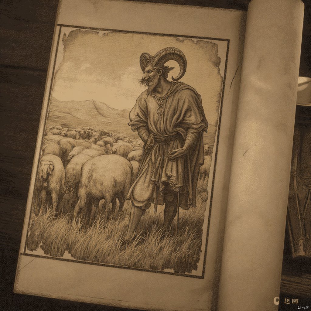 In a tattered and ancient book is depicted a ram-horned shepherd gently guarding his flock on the grasslands.
