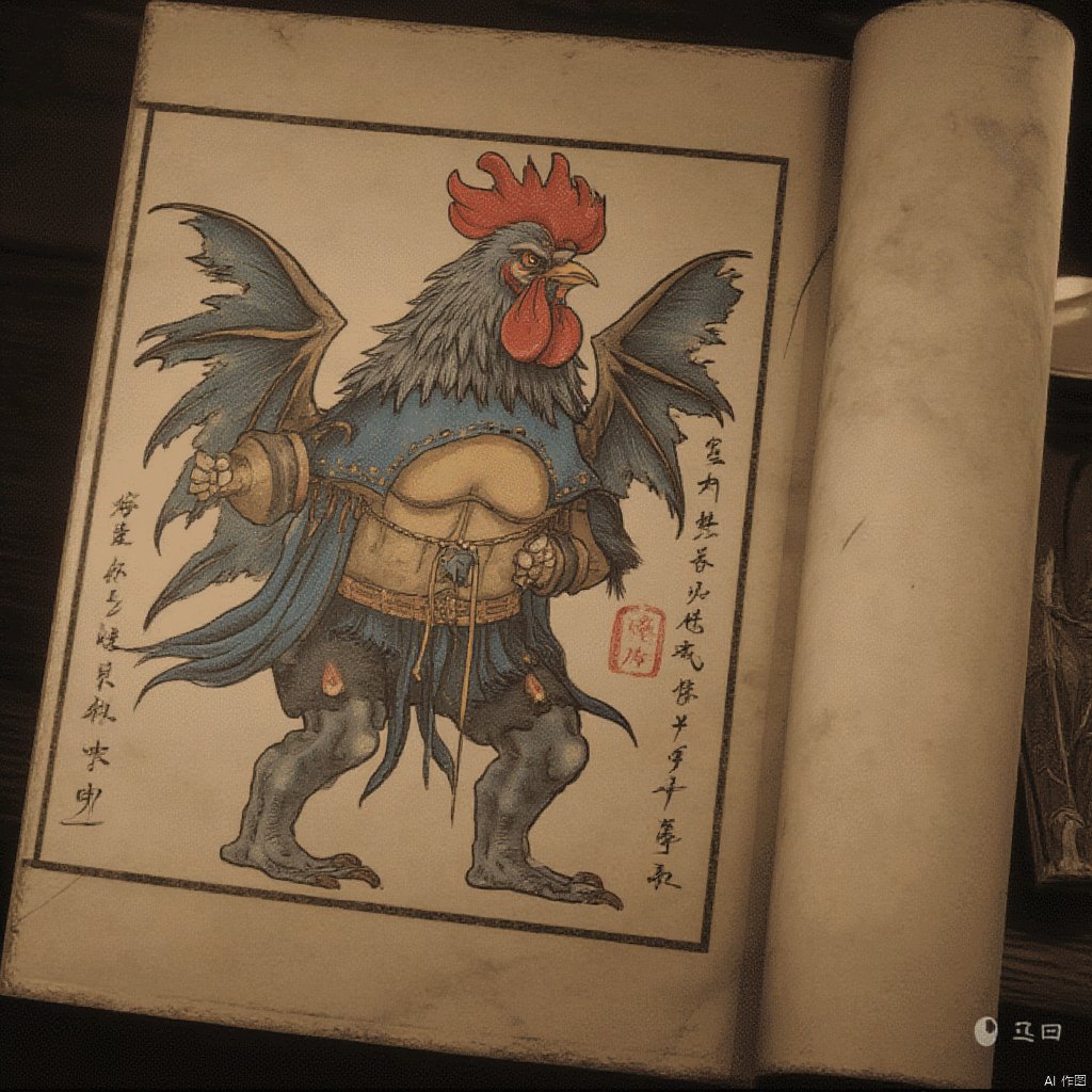 A tattered and quaint book depicts a rooster-headed, humanoid monster,yingshen