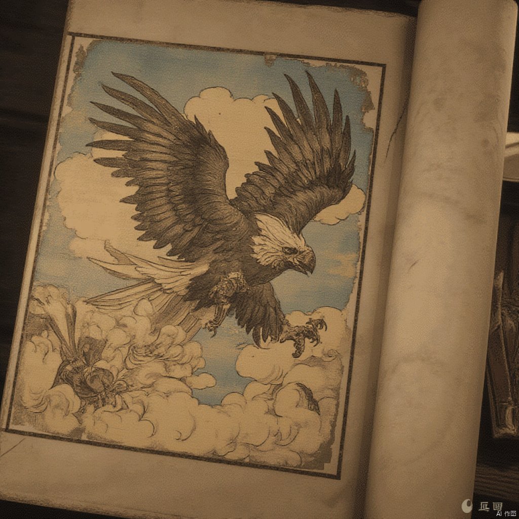 In a tattered and ancient book is depicted an eagle-winged messenger swiftly delivering messages across the sky.