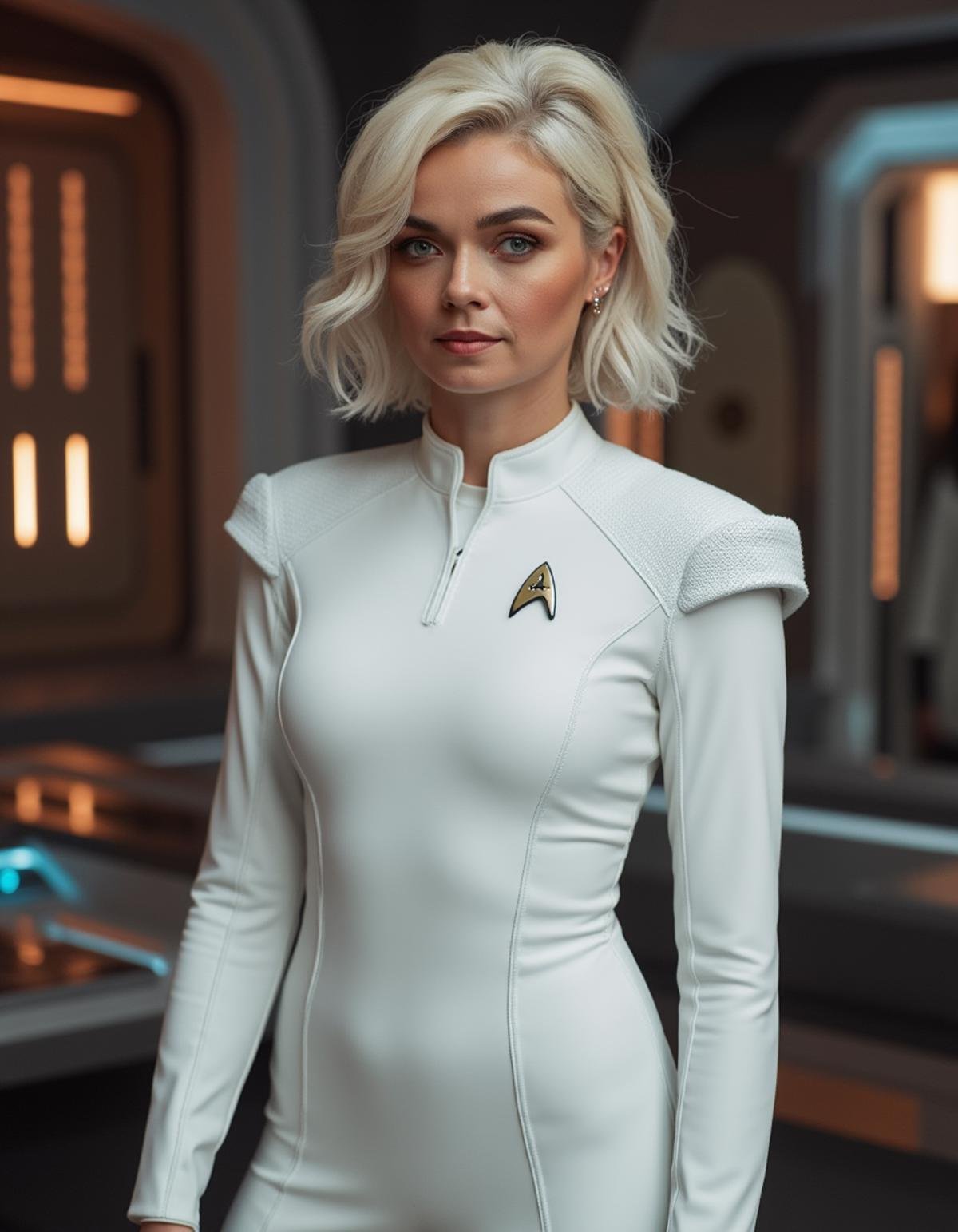 A photo of Jess Bush wearing a white Starfleet uniform,  <lora:Jess_Bush:1>