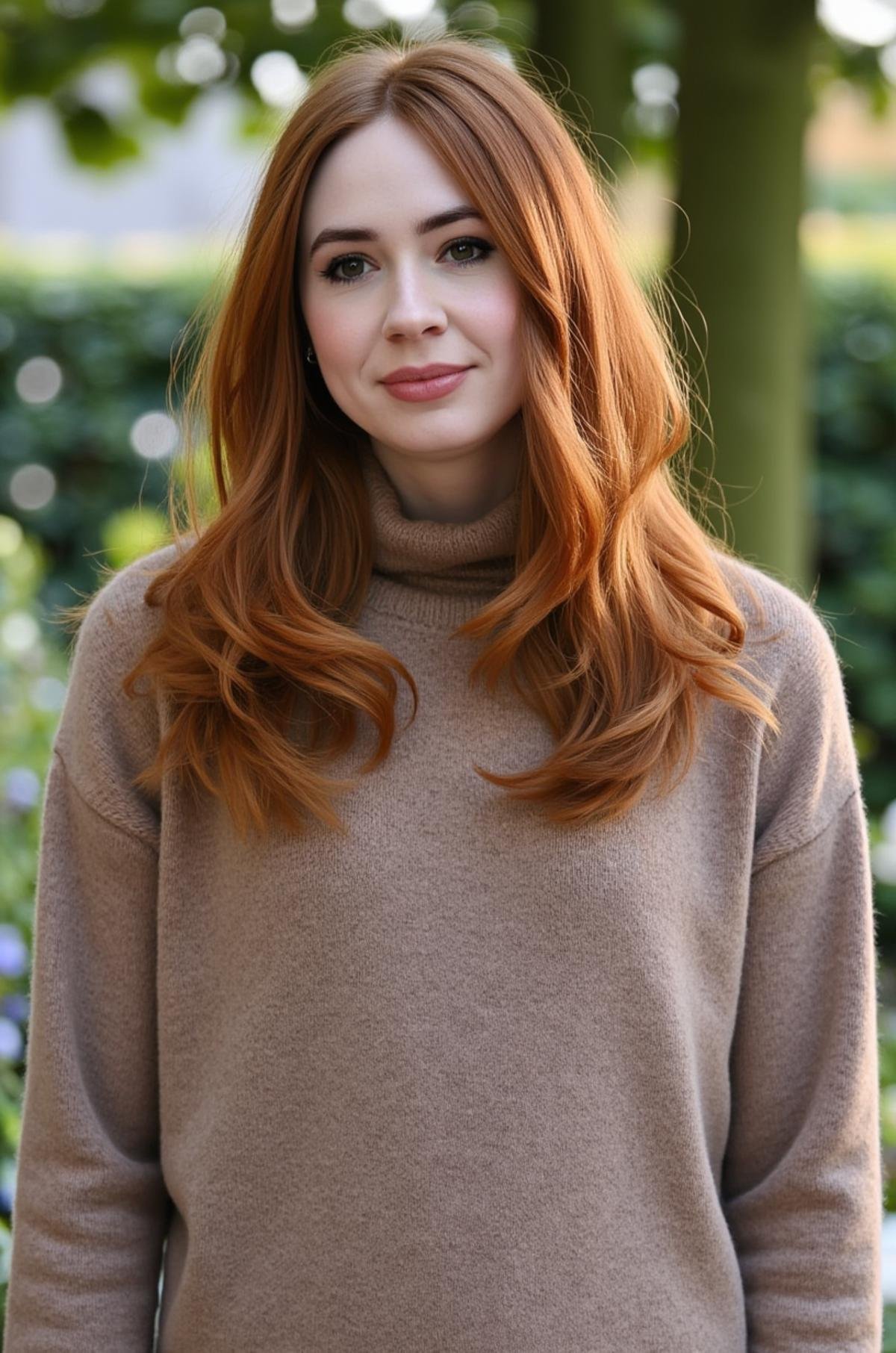 A photo of Karen GIllan wearing a turtleneck sweater,  <lora:Karen_Gillan:1>