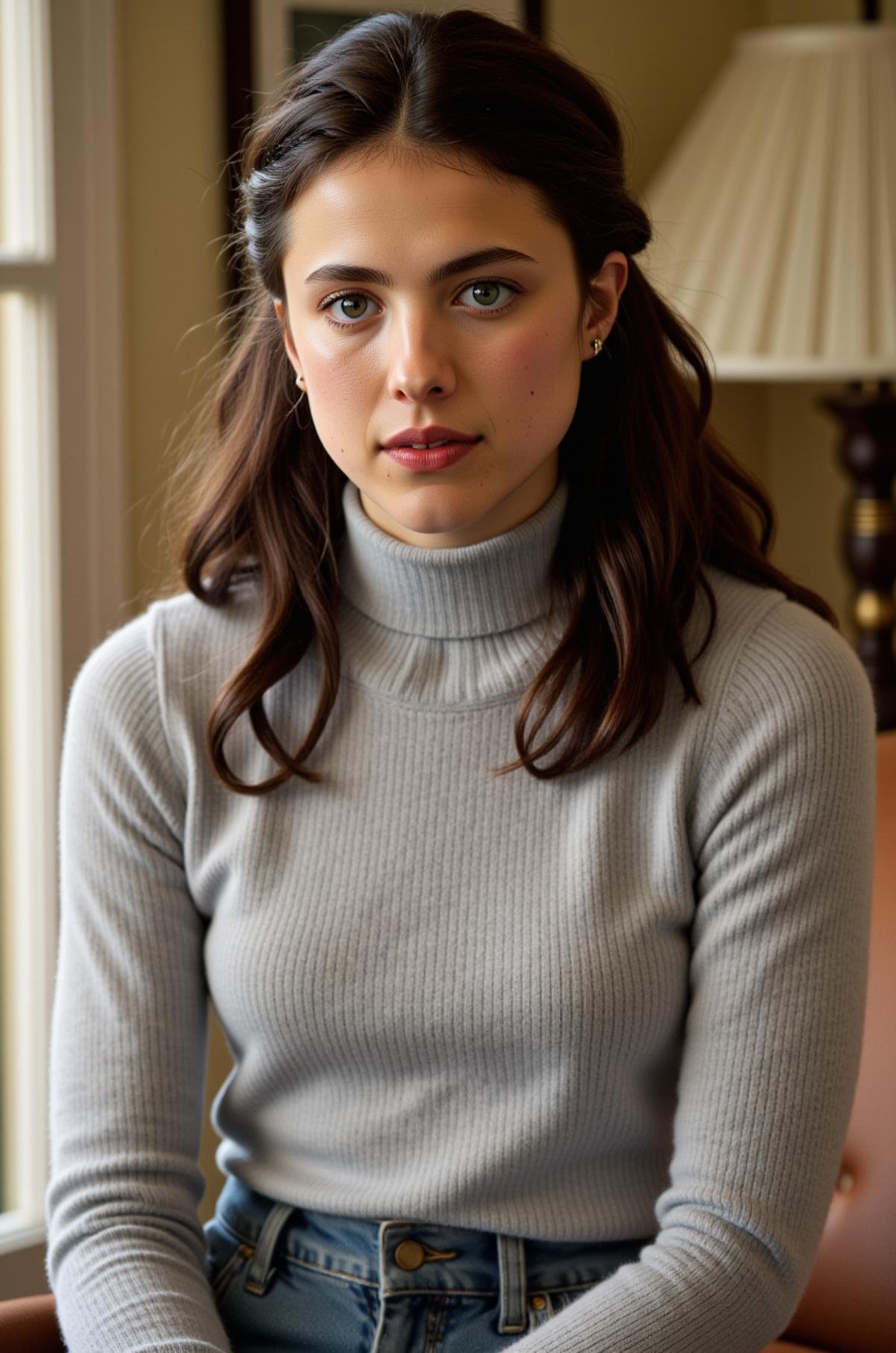 A photo of Margaret Qualley wearing a turtleneck sweater, <lora:real-lora:1>, <lora:Margaret_Qualley:1>