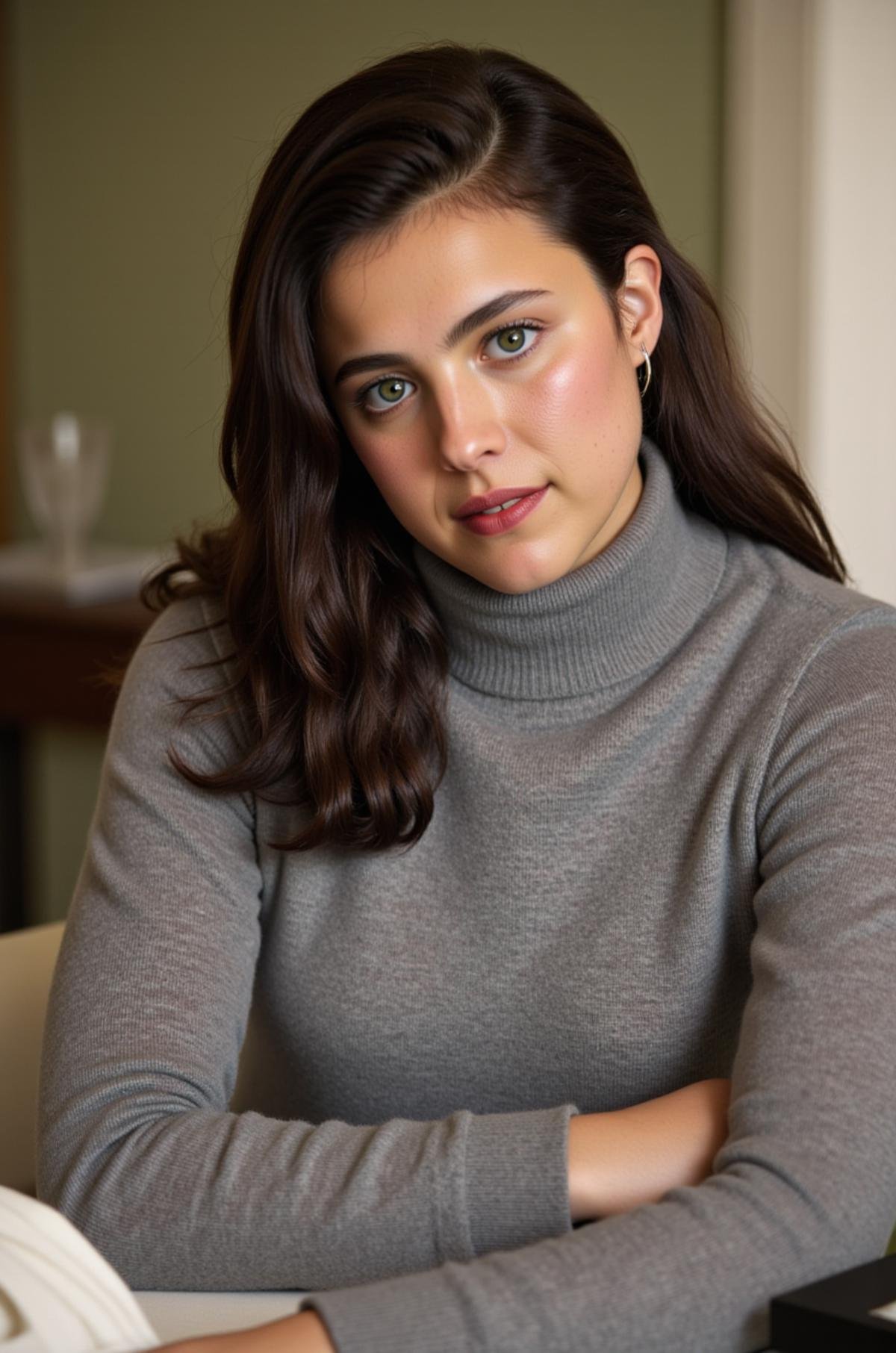 A photo of Margaret Qualley wearing a turtleneck sweater, <lora:real-lora:1>, <lora:Margaret_Qualley:1>