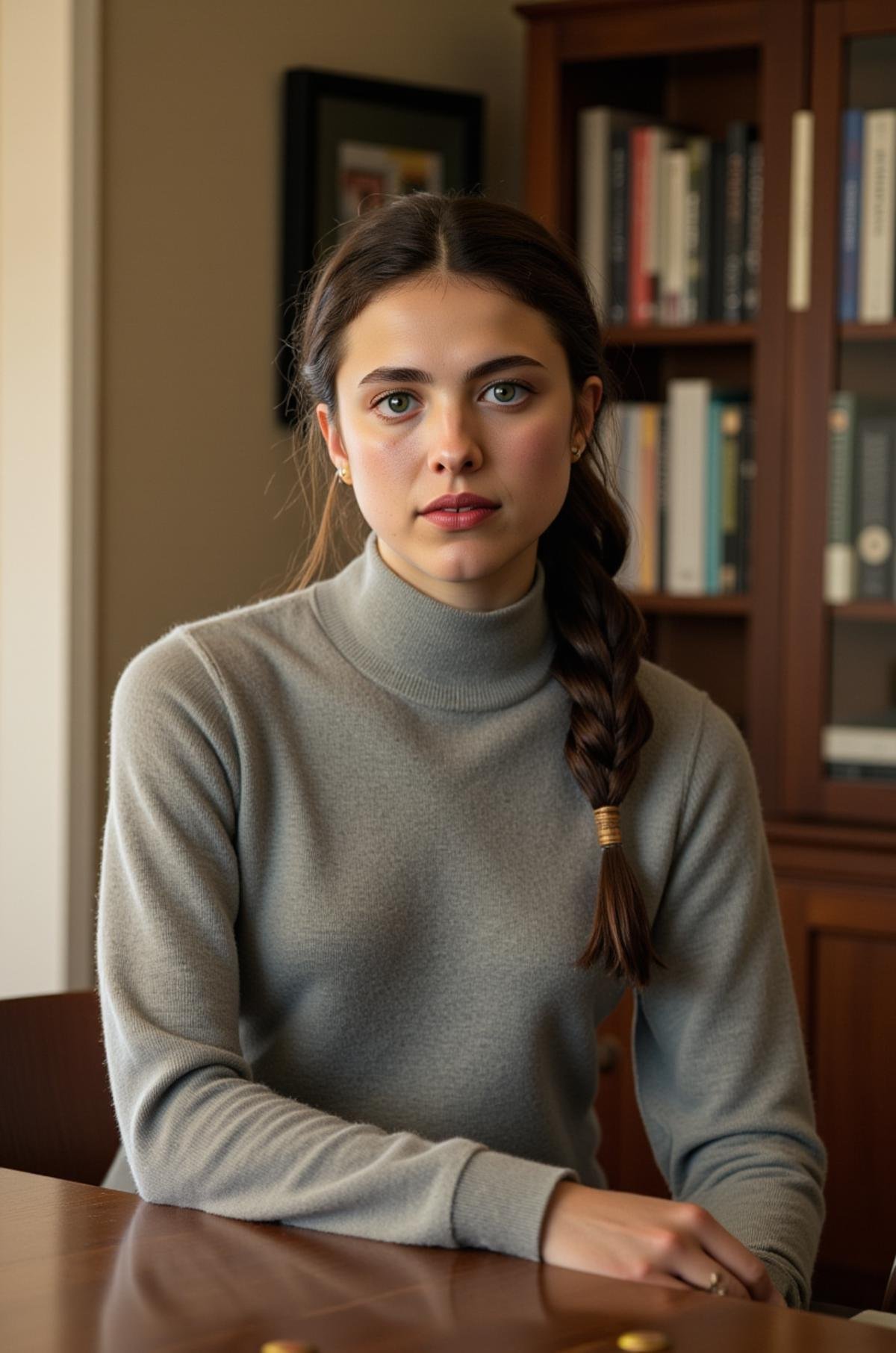 A photo of Margaret Qualley wearing a turtleneck sweater, <lora:real-lora:1>, <lora:Margaret_Qualley:1>