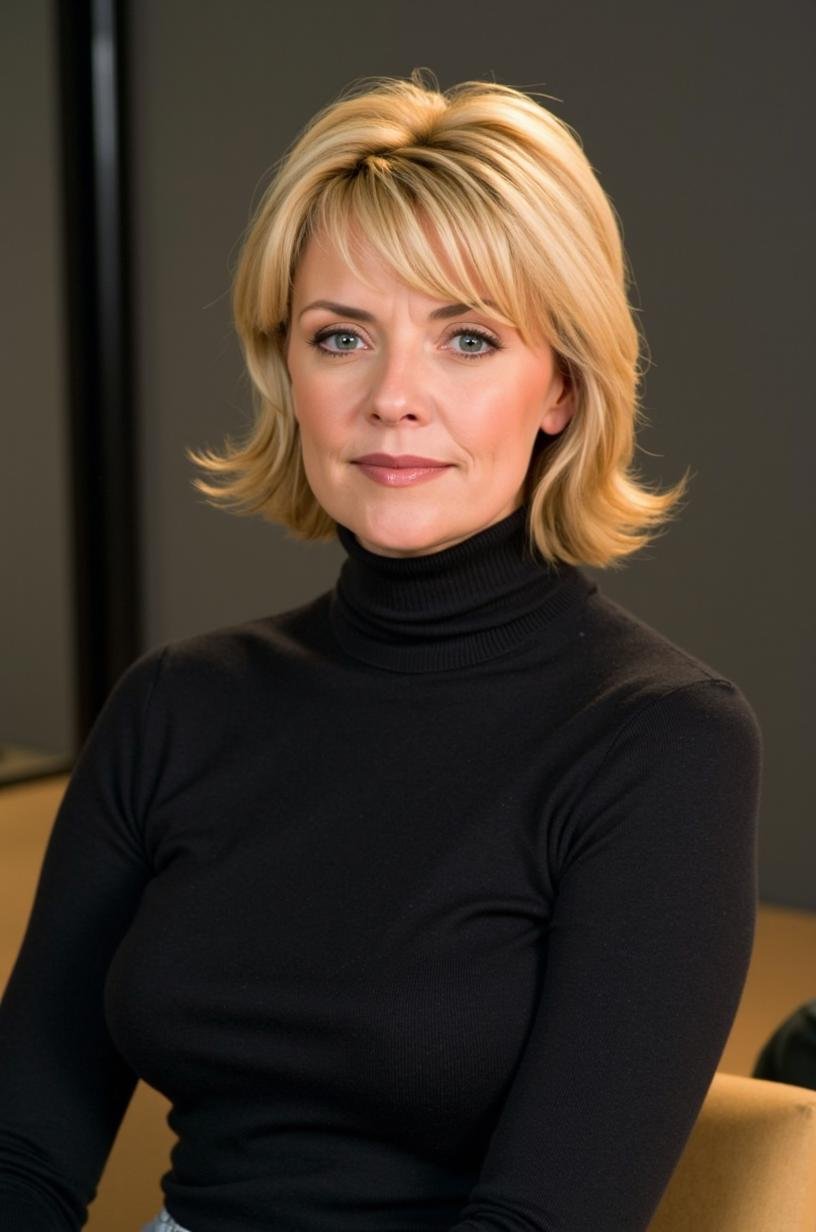 A photo of Amanda Tapping wearing a turtleneck sweater,  <lora:Amanda_Tapping:1>