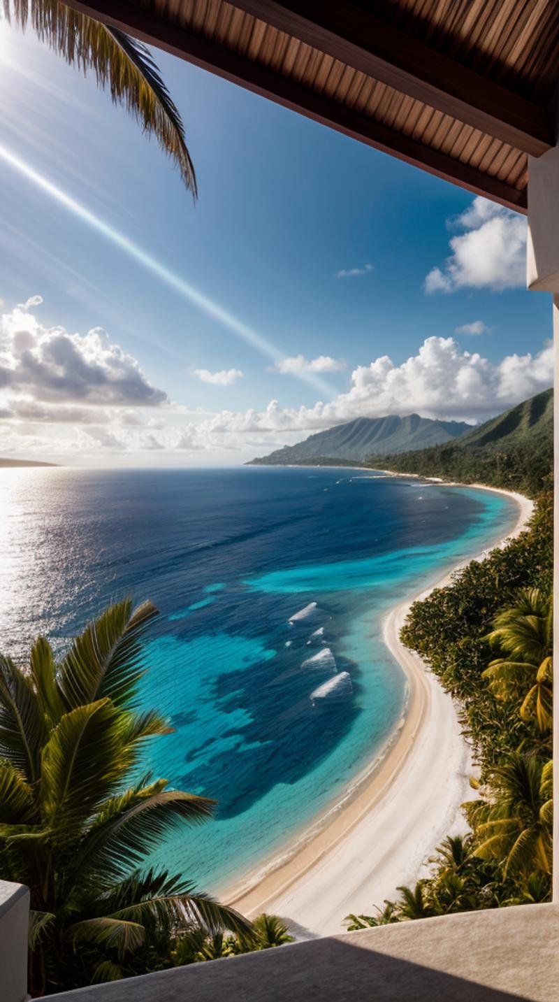 overlooking beautiful tropical island beach view, (volumetric lighting), (dynamic lighiting), godrays, Rembrandt lighting, real shadows, intricate detail, photorealistic, photograph, photo, dlsr, Fuji Film, extremely high detail, detailed skin texture, (blush:0.2), (goosebumps:0.3), subsurface scattering