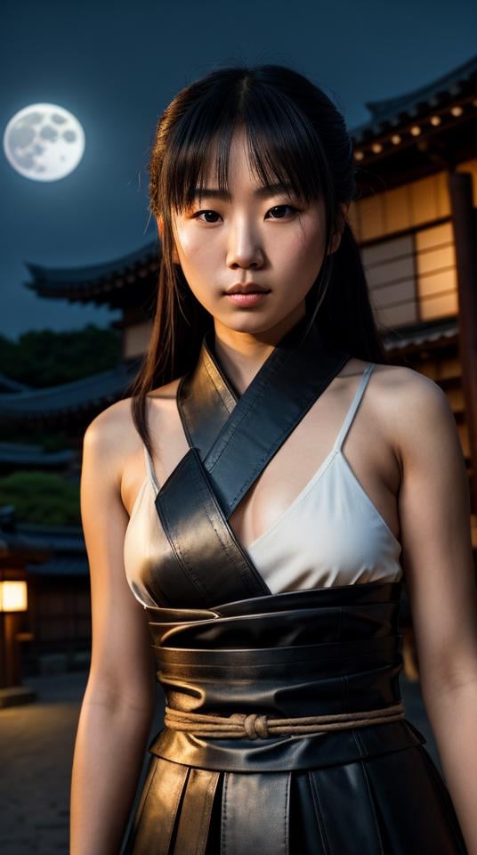 A japanese shinobi girl,kaiken,combat,fight,bandages,leather straps,scars on face,high resolution photo,intricate detailed photo,realistic photo,8k,dynamic angle,extremely detailed,particle effect,wonderful night dreamlike glowing masterpiece,celestial,clouds,japanese background during edo era,sakura trees,typical japanese house,during the night,low light,lit by the full moon,facing camera