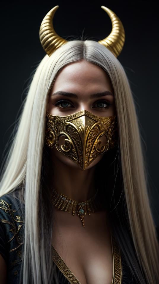 A menacing figure with a demonic mask adorned with intricate golden details and two large, twisted horns. The character has long, flowing white hair and wears dark, ornate robes decorated with gold embellishments. The eyes behind the mask glow with an eerie light, adding to the ominous presence. The background is shrouded in mist and darkness, enhancing the mysterious and foreboding atmosphere. BREAK ((UHD:1.5)), ((high details:1.5)), ((best quality:1.6)), ((super detail:1.5)), ((award winning:1.4)), ((masterpiece:1.6)), ((ethereal glow:1.3)), ((retina:1.4)) BREAK Art by Greg Rutkowski, Pascal Blanche, Martina Grimm, John William Waterhouse BREAK Close-up shot, eye-level shot, dramatic lighting, chiaroscuro, dark fantasy realism, photo, cinematic